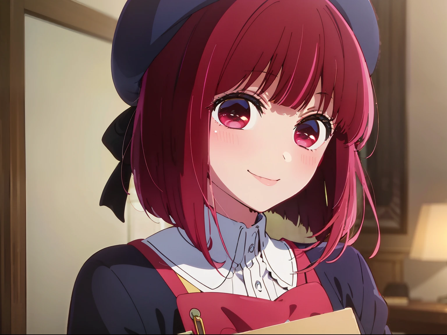 ​masterpiece、ighly detailed、(1 girl in:1.2)、Red hair、Plain clothe、big eye、a closeup、A smile、8K、short-hair、beret、(((anime styled)))、Shining eyes、Open your mouth