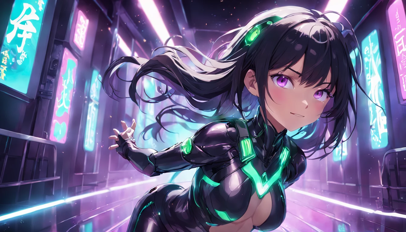 wallpaper, illustartion, poster, photographic, realistic, 1woman, flat_breasts,cute,beautiful detailed eyes, shiny hair, videogame warrior, gamer, futuristic headset, jumpsuit with neonlighting applications, Black_hair, long hair, straight hair, blunt bangs, green_eyes, vampiric smile, weightlessness, Side light, reflection, The person is at the bottom left of the frame, ghostly hologram of her in the upper right corner of the screen, Reflected light from the sun, Silver metal, brilliance, diffuse reflection, Metallic texture, magnificent, background: bioluminescent bubbles of different sizes, blurry dark purple background, steam, lightbeams, prismatic effects, steamy clouds, fog with particles, smoke, abstract, wallpaper, motion, animation