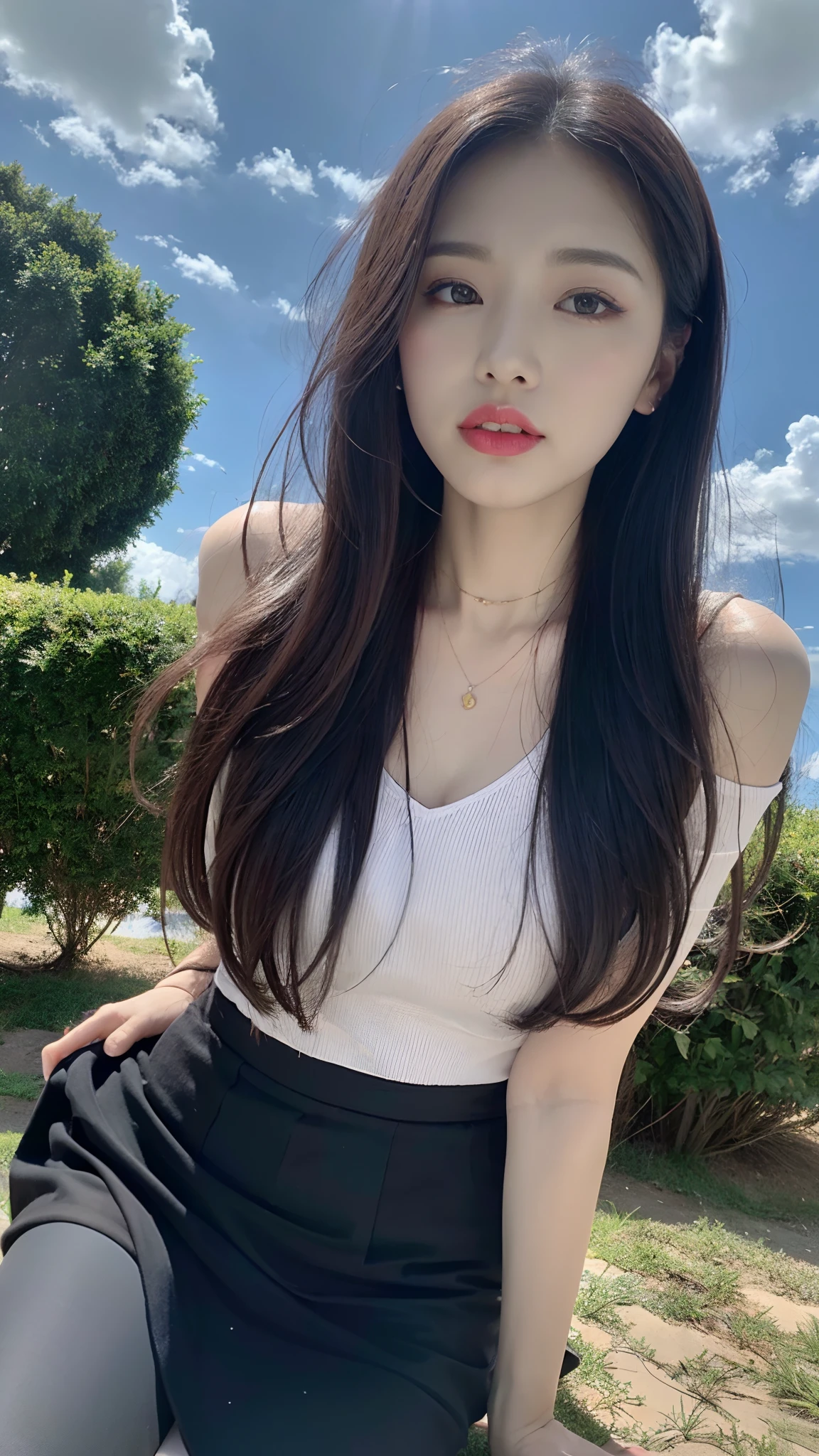 ((best qualtiy, 8K, tmasterpiece:1.3)), A pretty maiden,Pure,Melon seed face,gentle and cute,Thin stature,Face to the right,The head is tilted to the right,Close the lips,Leaning forward,Compassionate ,The skirt is black and silky,with long hair in takes,round black big eyes,Clear big eyes,Hydrated red lips,Sweet,sitted,with blue sky and white clouds,Flower bush background,