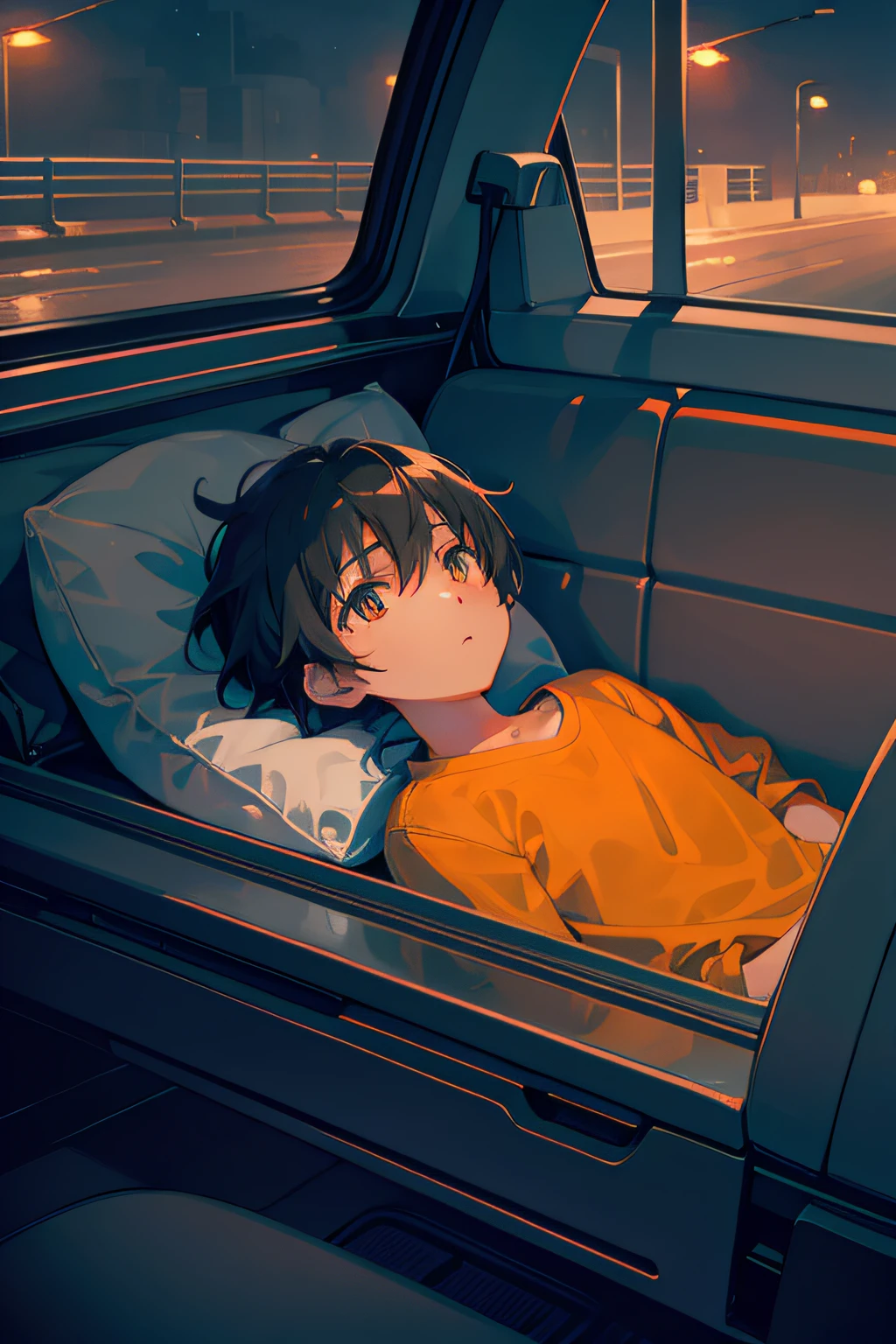 In the style of Makoto Shinkai, super fine illustration, best quality,　From the rear seat window of a car, the glow of orange streetlights can be seen. Inside, a  lying down gazes at the orange streetlights. The warm and nostalgic ambiance of the orange lights against the backdrop of the night captivates the child's attention.