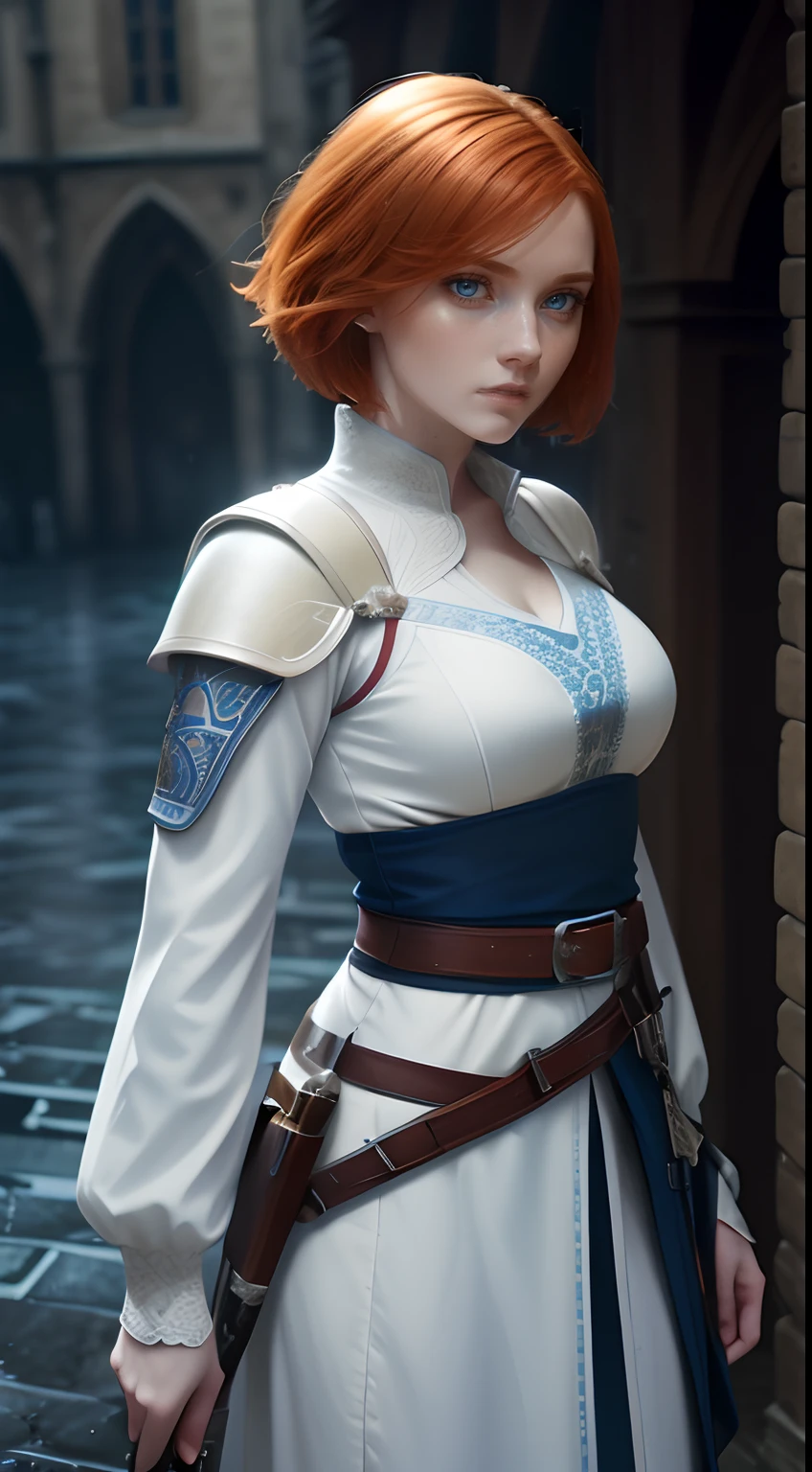 (A beautiful 20 years old British female assassin), (short ginger hair), (pale skin), (wearing white and blue assassin outfit), (medieval city at rain background), view from front, waist up shot, dynamic pose, ambient lighting, photo realism, intricate face detail, intricate hand details, highly detailed, vibrant colors, cinematic, high definition, trending on Artstation--style raw