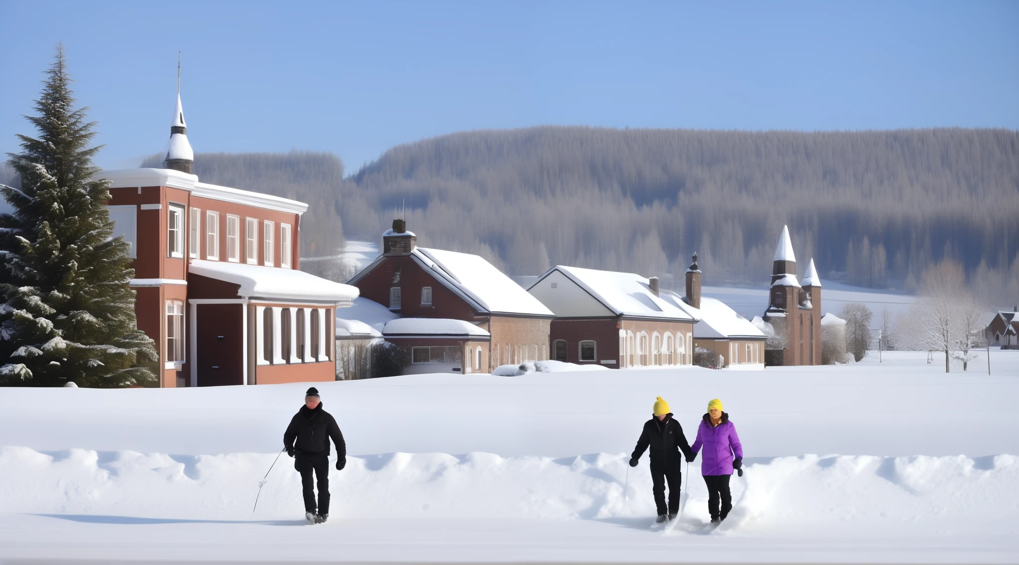 small town，Thick snow，Two people as a background
