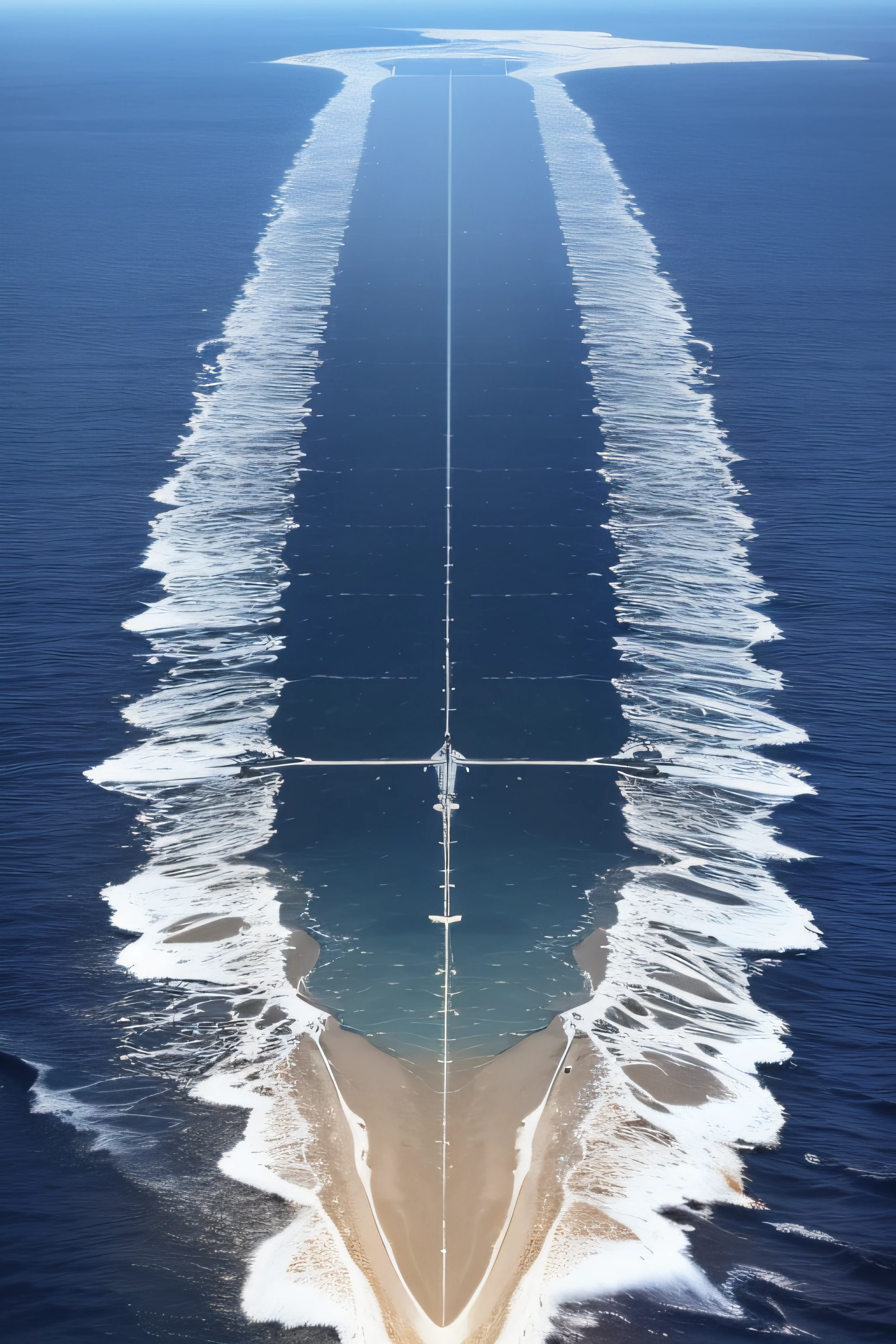 A solar panel from an aerial view in the middle of the ocean with sharks swimming around it.