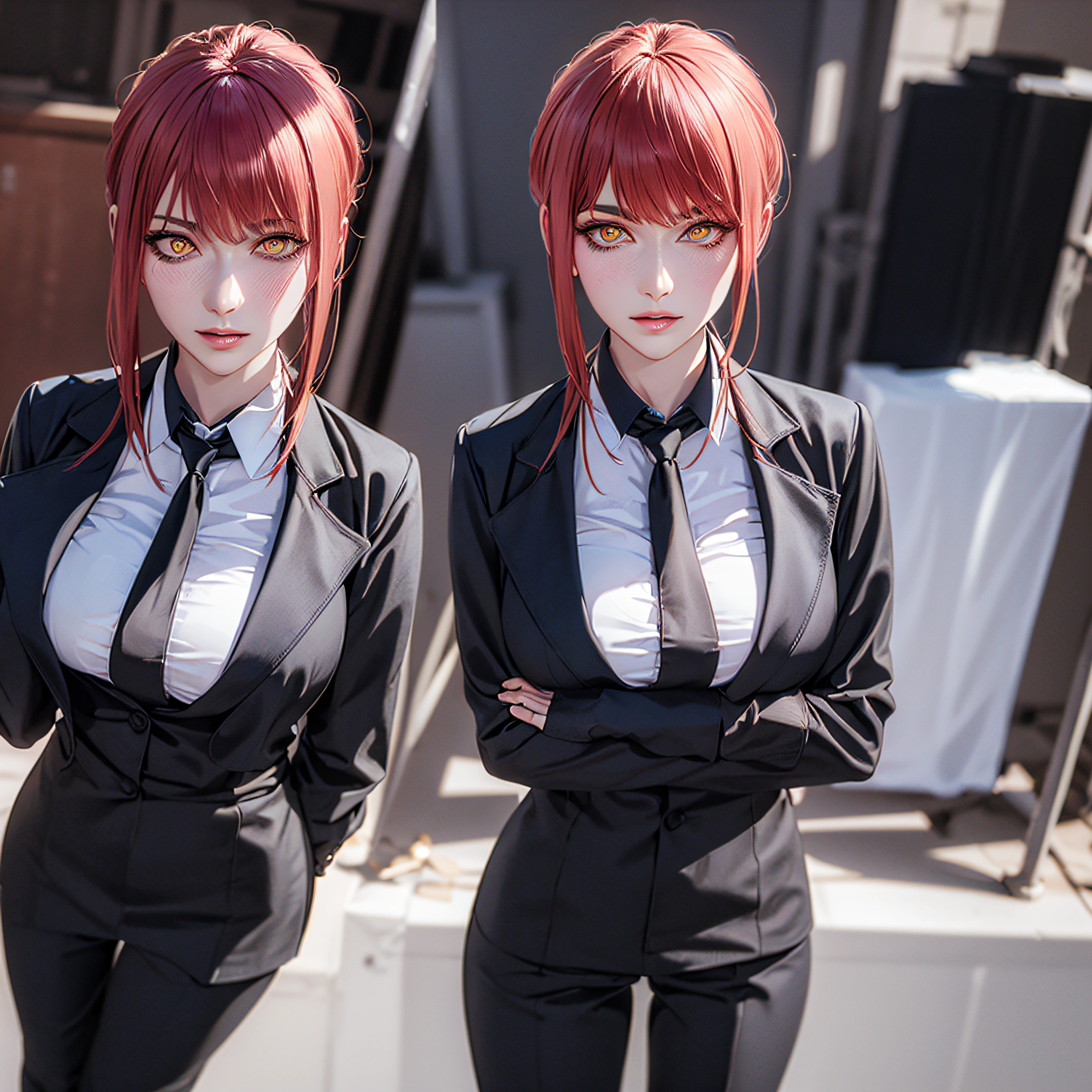 (view from front) woman Standing with hands clasped in front of chest, (shirt, tie, pants:0.5) (detailed realistic face), (((hyperdetailed))), zoomed out, symmetrical face, detailed pupil, expressive eyes, makeup, real photography, modern look, Real photography (Realisitc:1.5)