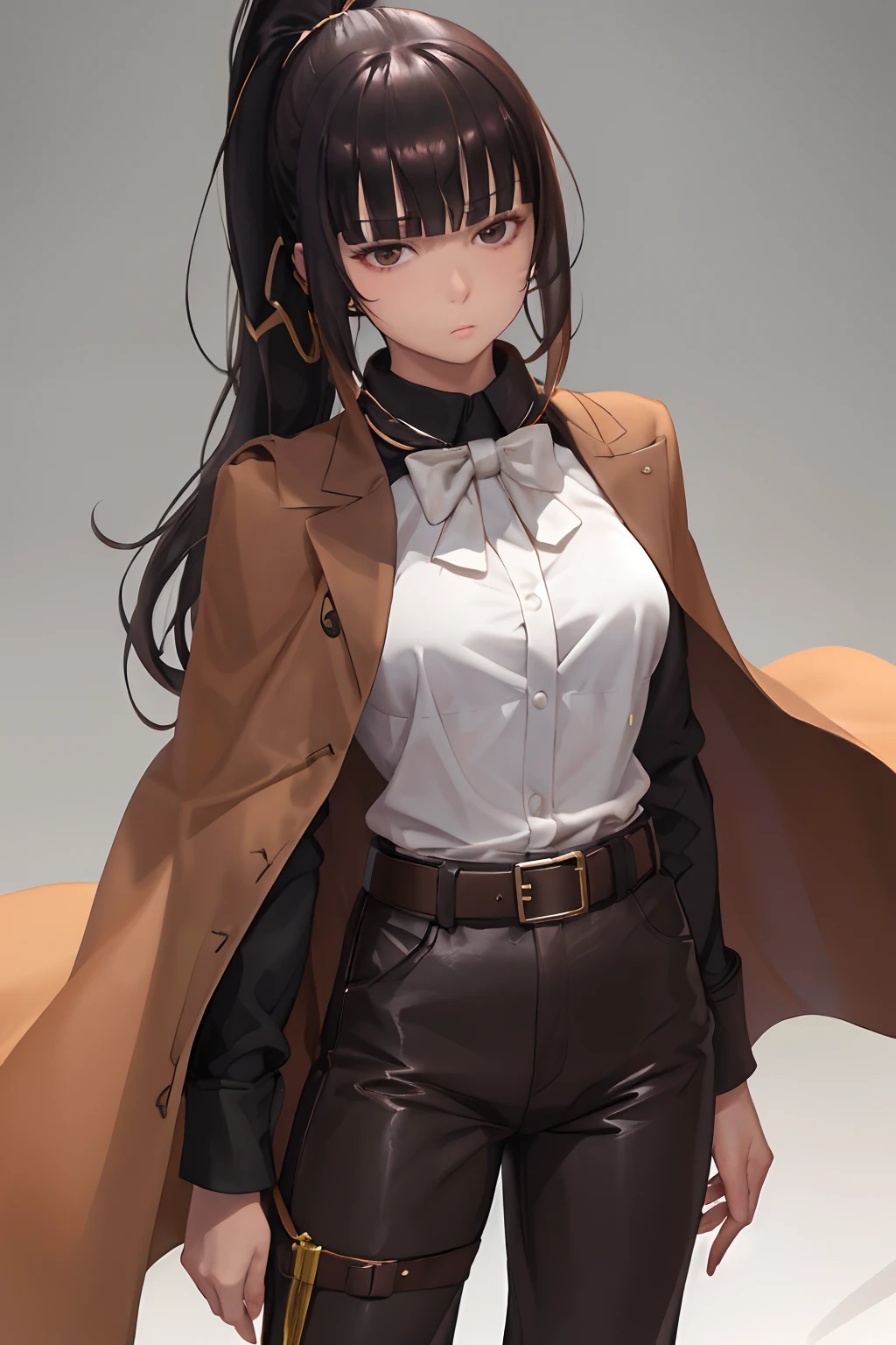 1girl, solo,  long hair,  brown pants, black hair, belt,  shirt, ponytail, simple background, white shirt, long sleeves, bangs, looking at viewer,  breasts, high ponytail, standing, cowboy shot, (brown cape,:1.2) brown pants, medium breasts, parted lips, head tilt, brown eyes, buckle, black eyes, sidelocks, brown belt, belt buckle, blunt bangs, emotionless,narberal_gamma,