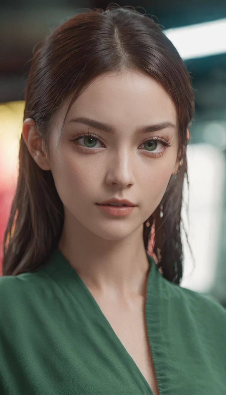 CINEMATICA MATRIX 5, NSFW,A 20 year old girl with ponytail hair, big dark gray eyes, and a perfect ovale face, rendered in a photorealistic style with sharp edges and a vibrant atmosphere, standing in a convenience store with a green bikini is untied ( cunt:1.2)( breast:1.2)
