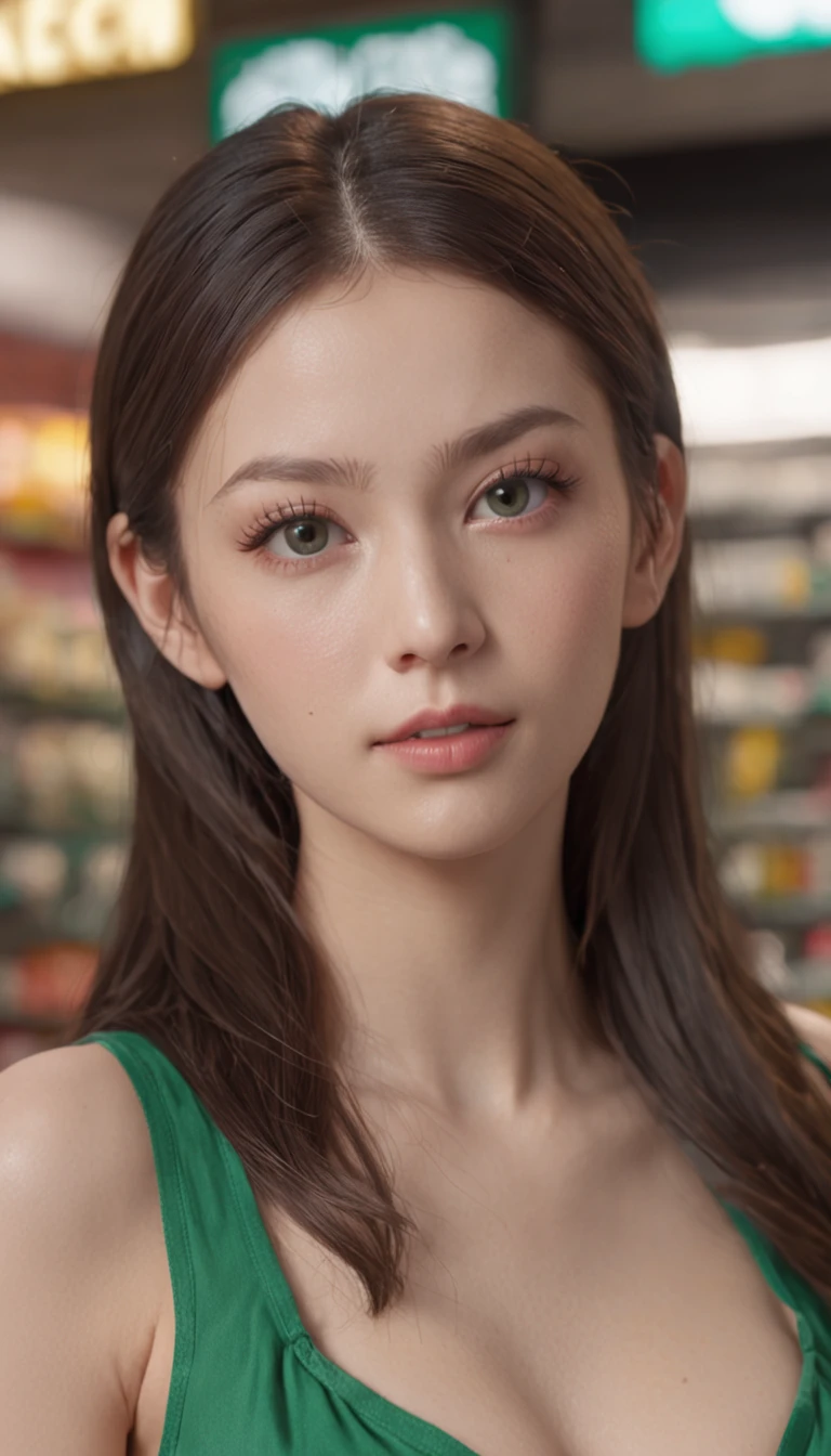 CINEMATICA MATRIX 5, NSFW,A 20 year old girl with ponytail hair, big dark gray eyes, and a perfect ovale face, rendered in a photorealistic style with sharp edges and a vibrant atmosphere, standing in a convenience store with a green bikini is untied ( cunt:1.2)( breast:1.2)