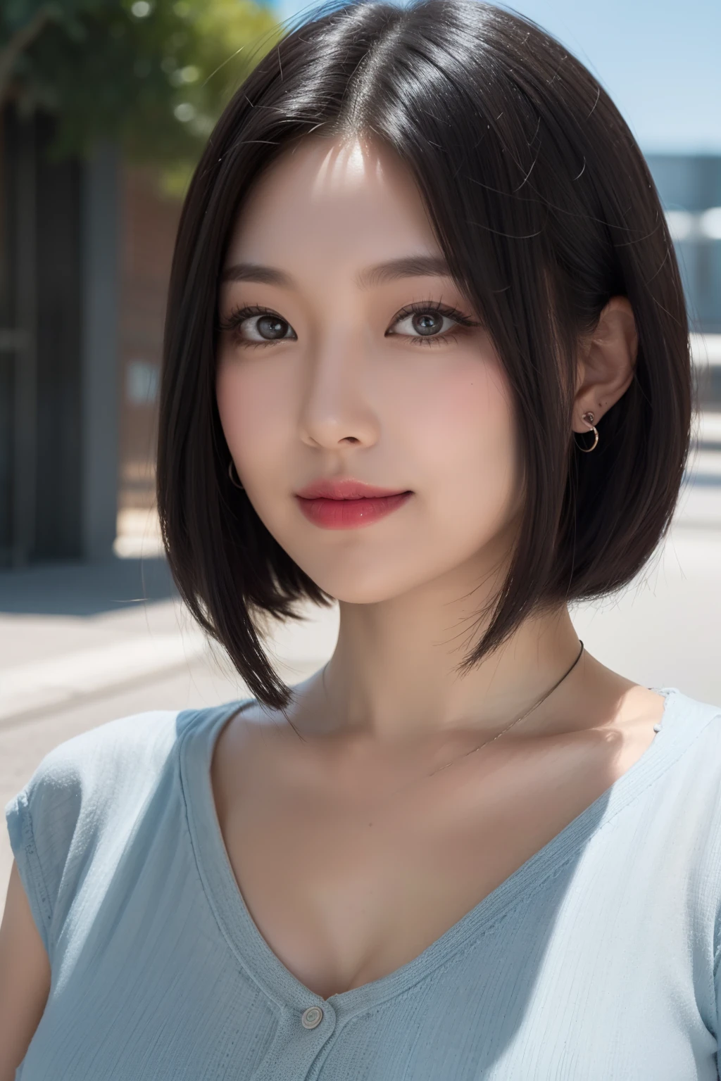 ((1 girl)), Black hair, longeyelashes, Solid Circle Eyes, lightsmile, Cute earrings, lightsmile, Shy, puckered lips, surrealism, drop shadow, stereograms, depth of fields, One-person viewpoint, 8K, Super Detail, Best Quality, hight resolution, short cut hair