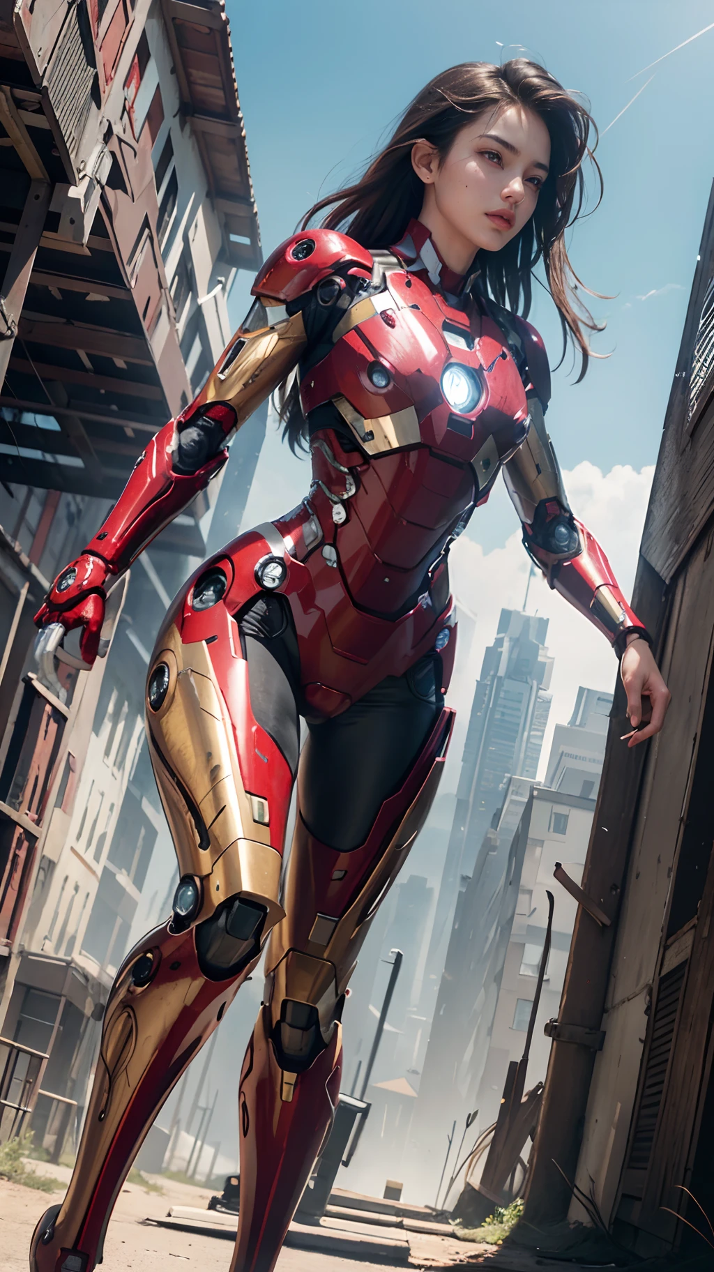 RAW, Masterpiece, Ultra Fine Photo,, Best Quality, Ultra High Resolution, Photorealistic, Sunlight, Full Body Portrait, Stunningly Beautiful,, Dynamic Poses, Delicate Face, Vibrant Eyes, (Side View) , she is wearing a futuristic Iron Man mech, red and gold color scheme, highly detailed abandoned warehouse background, detailed face, detailed and complex busy background, messy, gorgeous, milky white, high detailed skin, realistic skin details, visible pores , sharp focus, volumetric fog, 8k uhd, dslr camera, high quality, film grain, fair skin, photorealism, lomography, sprawling metropolis in futuristic dystopia, view from below, translucent