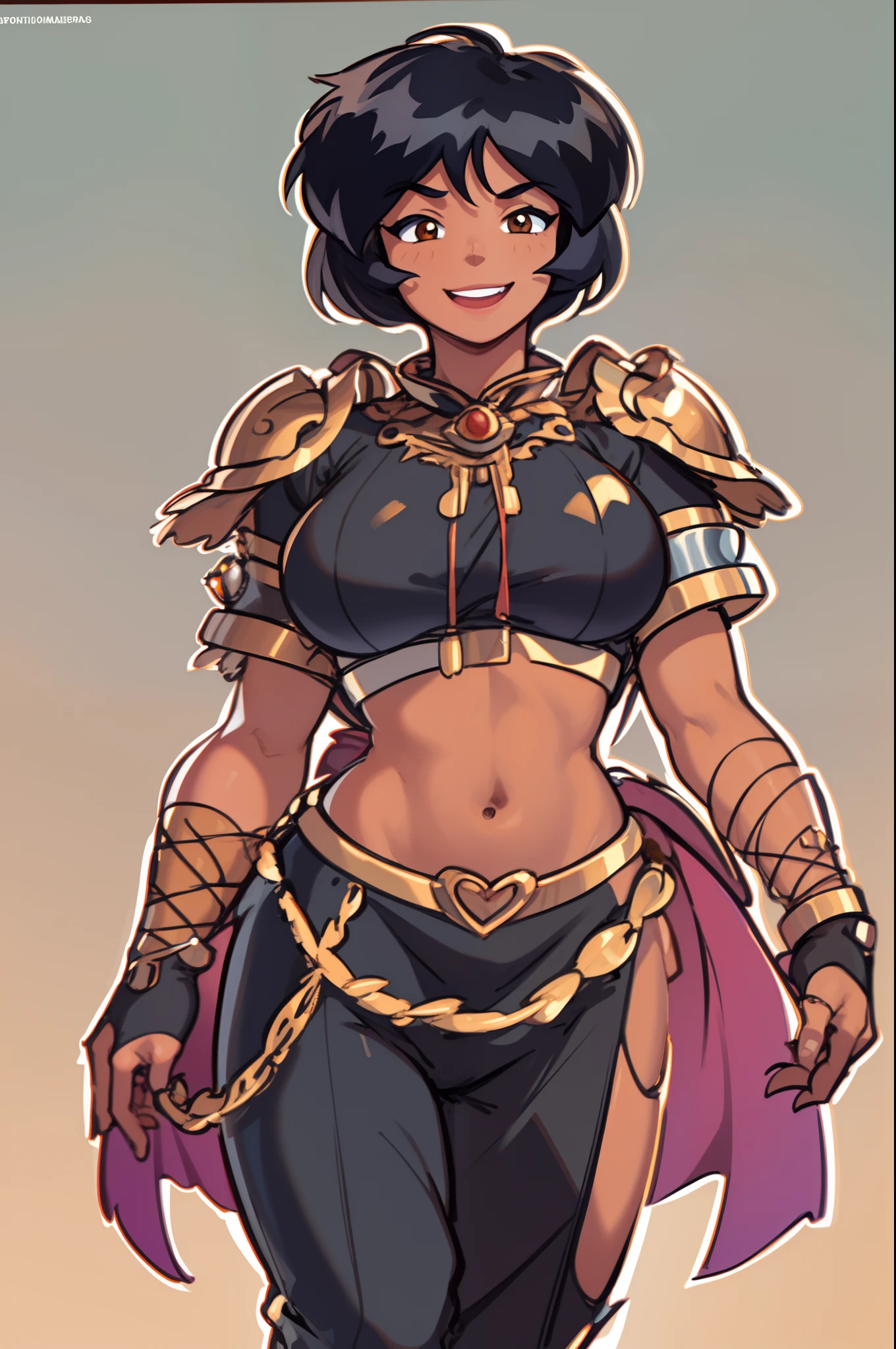 ((masterpiece, best quality)), 1girl,solo, upper body, alex, short hair, black hair, brown eyes, dark skin, tan, lipstick, black shirt, retro artstyle, gradient background,smile, walking, martial ,chest sarashi, big breast,full body, pants, full body,big breas,(icone de um jogo), (icone de peitoral : 1.5), um peitoral , peitoral marrom, chest plate, peitoral pesada marrom, peitoral grosso, peitoral de Armadura intrincada, peitoral de armadura de fantasia pesada, peitoral detalhado, armadura ornamentada, peitoral de Armadura Paladina, peitoral dearmadura de batalha, intrincada peitoral