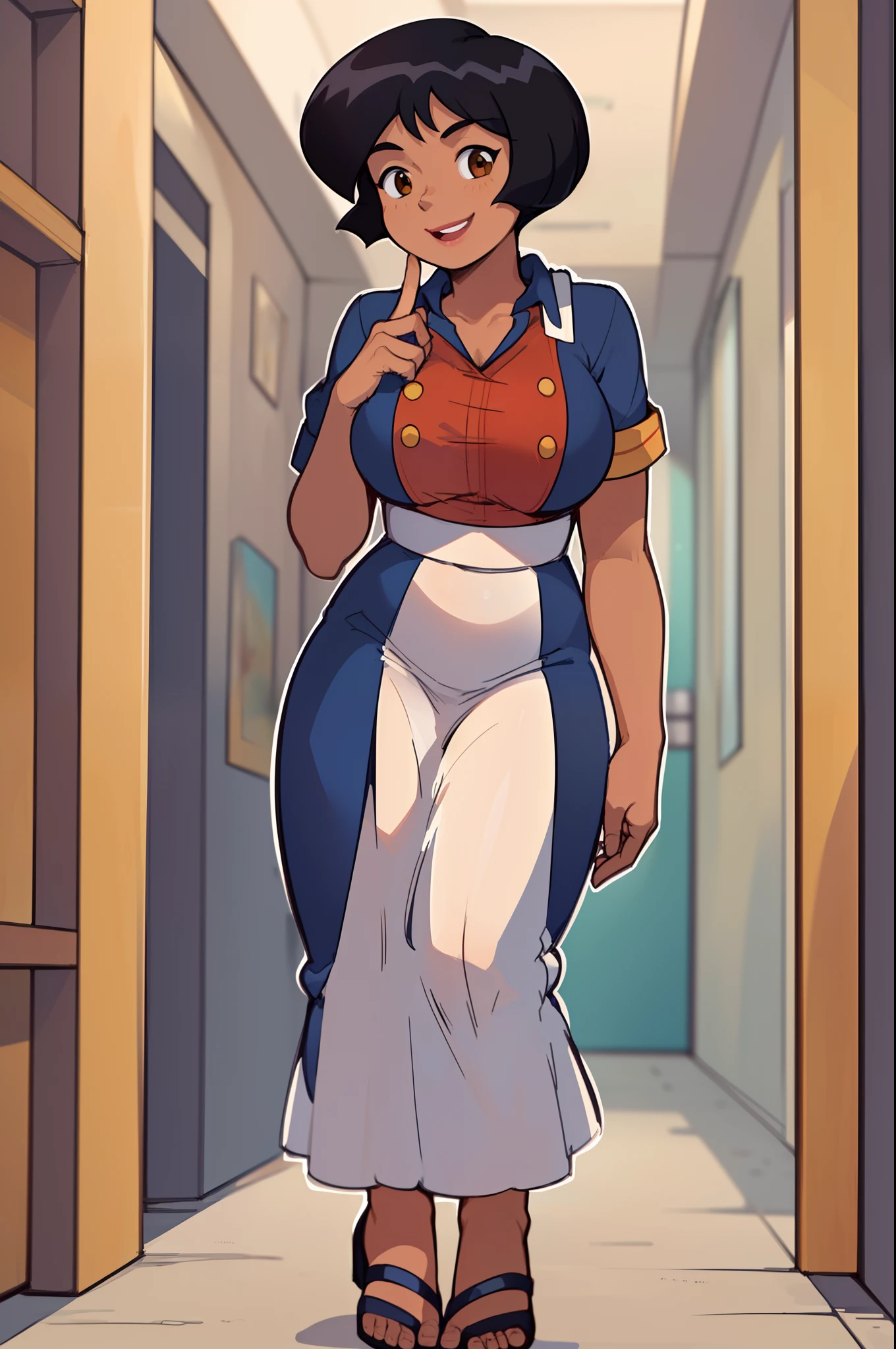 ((masterpiece, best quality)), 1girl,solo, upper body, alex, short hair, black hair, brown eyes, dark skin, tan, lipstick, black shirt, retro artstyle, gradient background,smile, walking, ,, big breast,full body, full body,( (obra-prima: 1.3), (melhor qualidade: 1.4), Ultra alto nada, (detailed features of the outfit), HDR, 8K分辨率, foco apenas, franja, (pele brilhante), ( esbelta), sonho, (extremely detailed illustration),cabelo longo, cabelo preto, middlebreasts, majo, inocente, sorrir, long skirt