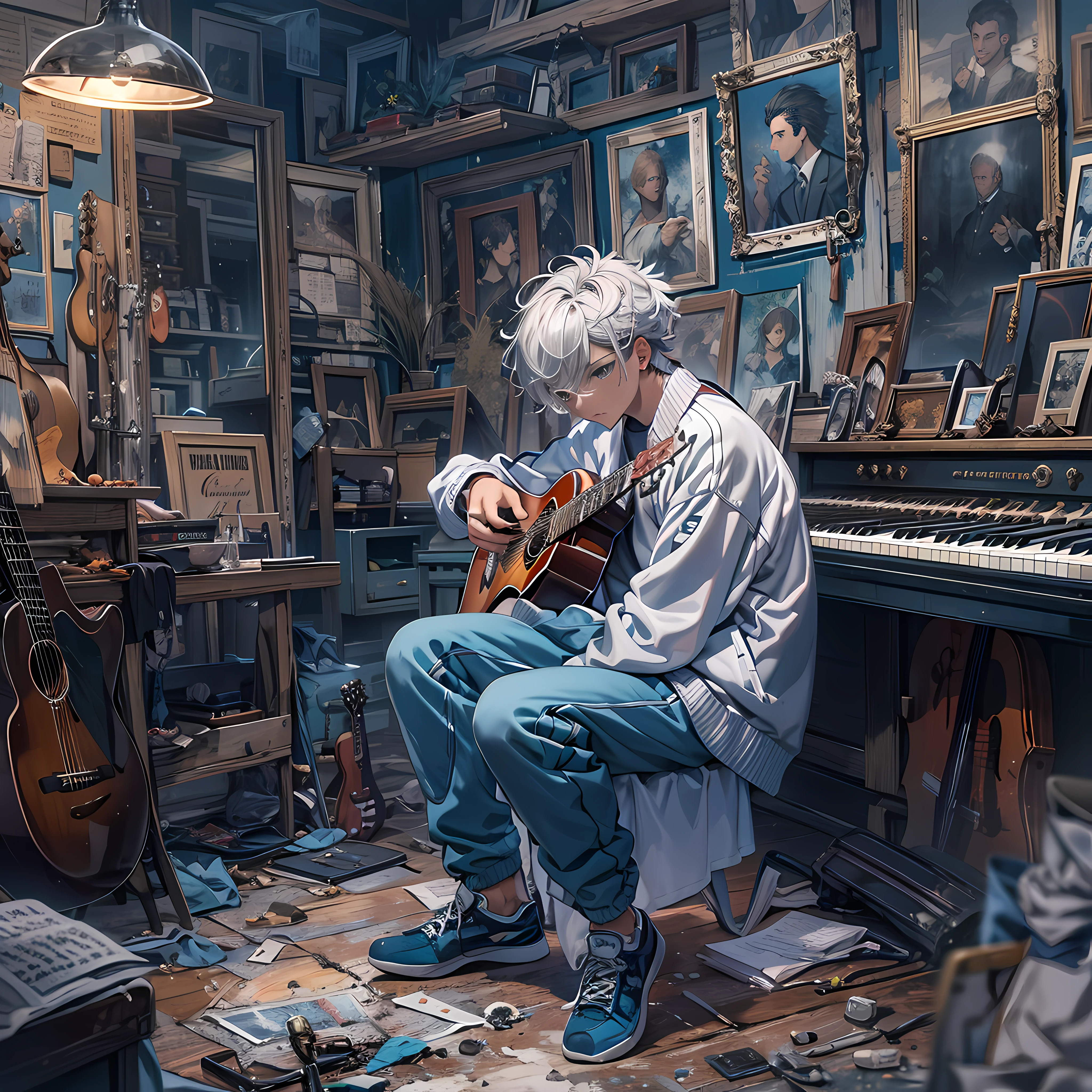 Best quality, Masterpiece, In the daytime, Inside the piano shop,(1 man:1.3),pupils,Silvery hair,short detailed hair,Messy hairstyle, Black eyes,Sad eyes,Blue and white tracksuit,Guitar in hand,Sit in the guitar shop
