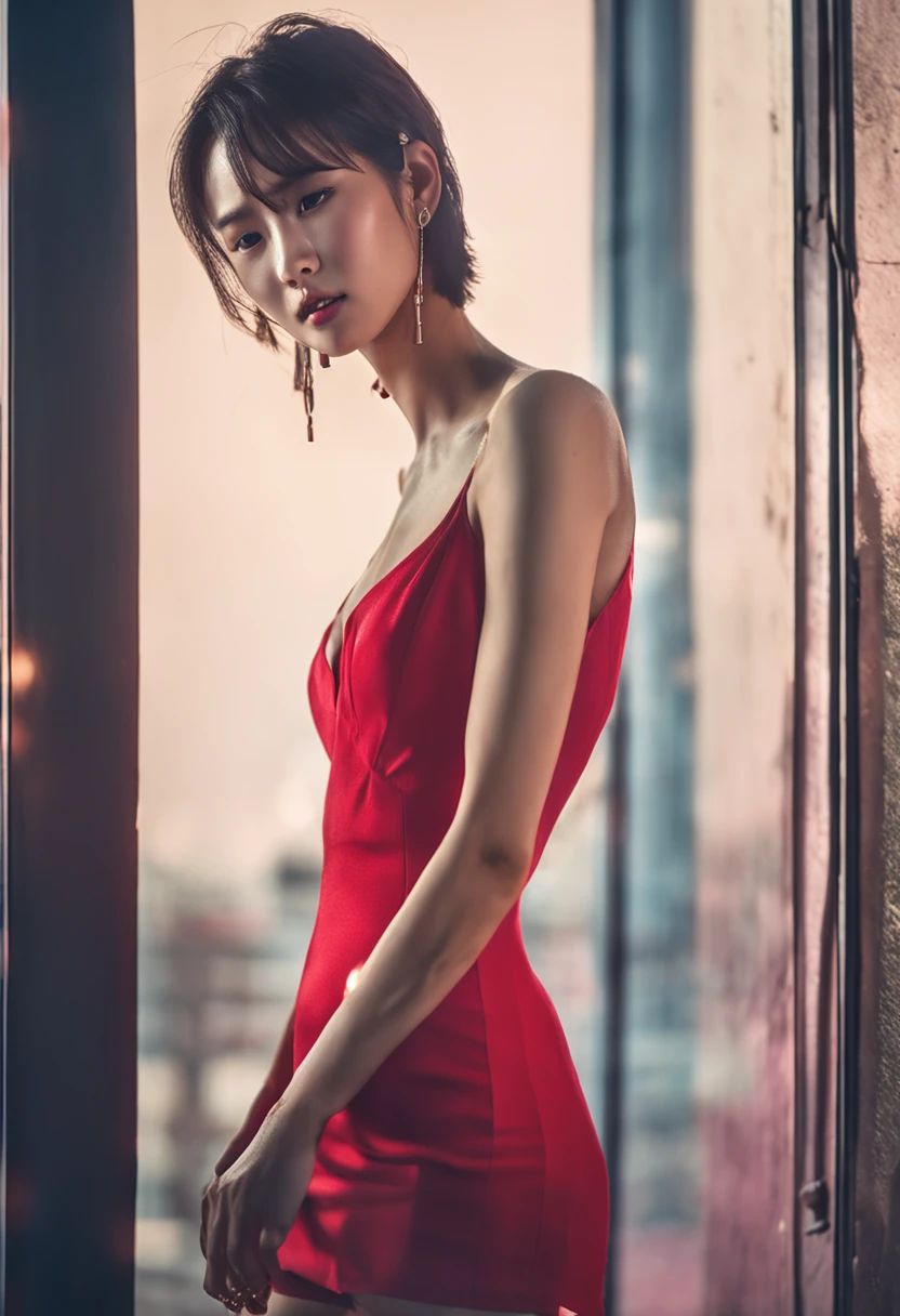 Ace, 4k, High Resolution, Masterpiece, Best Quality, Head: 1.3, (Korean K-pop Idol), Delicate Skin, Sharp Focus, (Cinema Lighting), Clavicle, Morning, Soft Light, Dynamic Angle, [:(detailed face:1.2):0.2], armpit wrinkles, thigh gap, red dress, slim, mid-chest, cleavage, full body,
