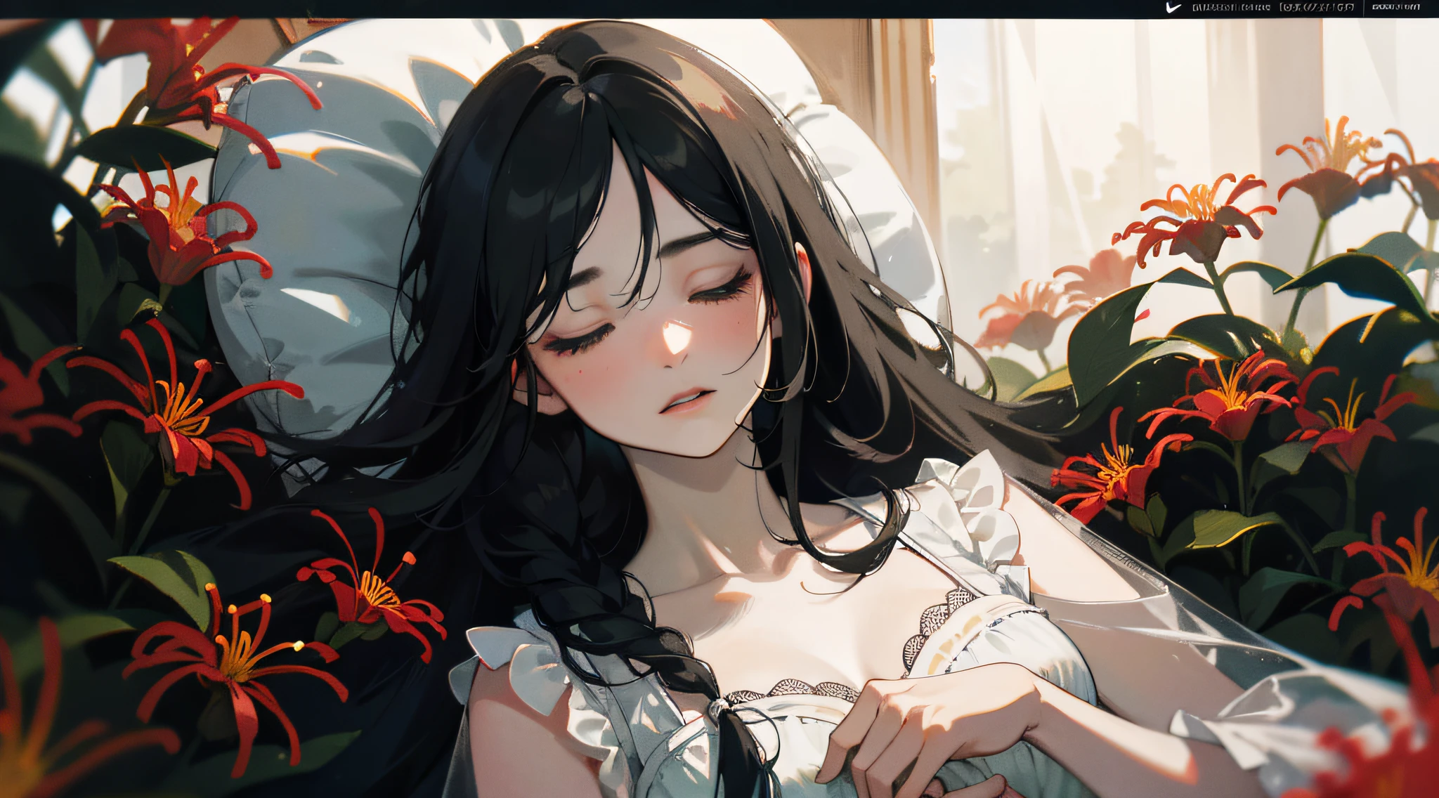 1 woman, (masterpiece, best quality:1.2), 8k, official art, absurdres, HDR, facelight, ultra realistic, highres, photography, film grain, chromatic aberration, sharp focus, dynamic lighting, cinematic lighting, professional shadow, dark shadow, highest detailed, extreme detailed, ultra detailed, finely detail, real skin, delicate facial features, detailed face and eyes, sleeping in a garden setting, red spider lilies, spider lilies flower, wearing black nightgown, black hair, very long hair, no bangs,  length hair, fully braided hair, closed eyes, long shot