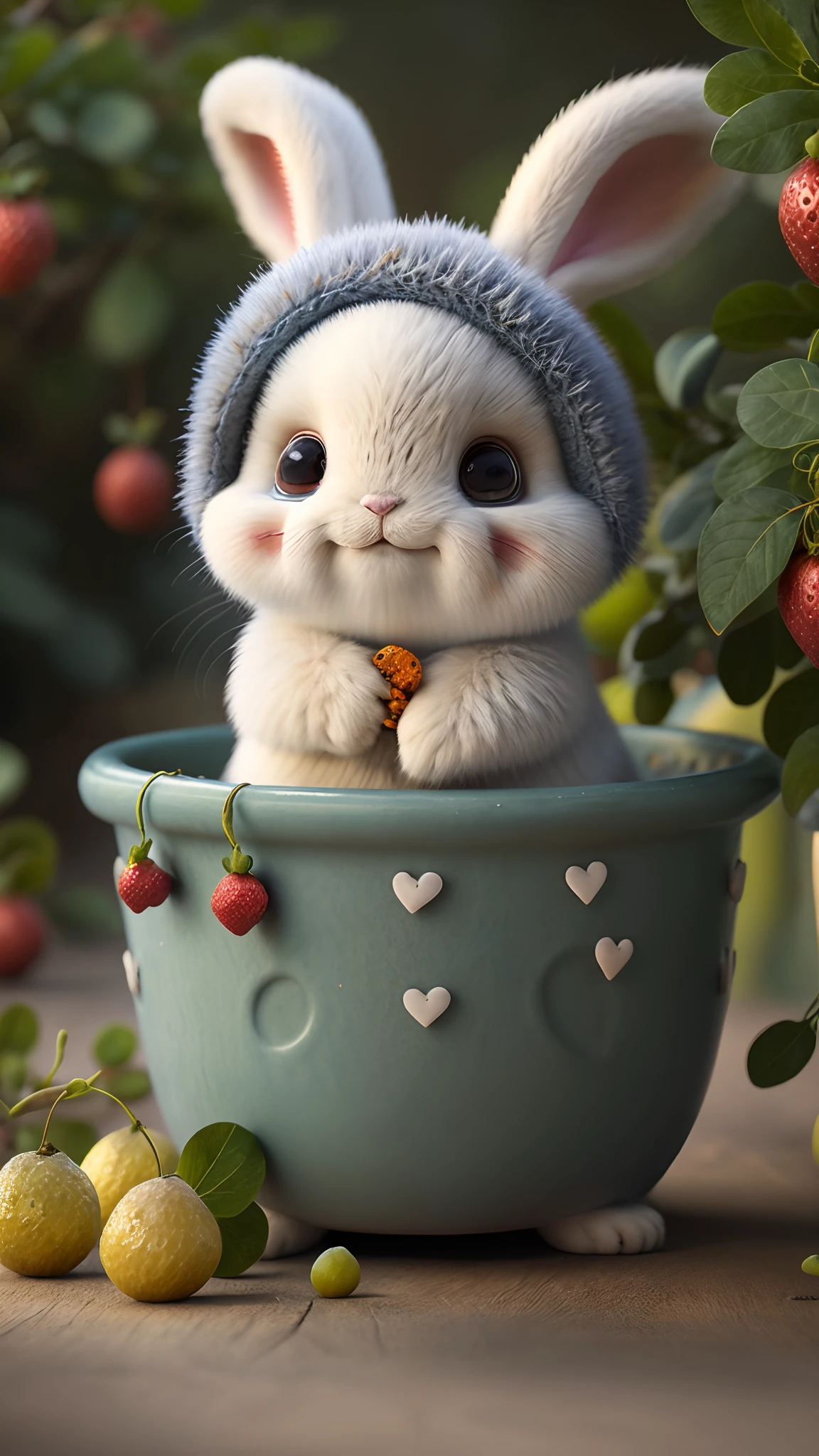 (Masterpiece, Award-winning, Best quality, high resolution) 3D illustration, 1 cute furry rabbit, wearing an outfit, lying on a bed of juicy and ripe fruits, surrounded by a colorful fruit garden.