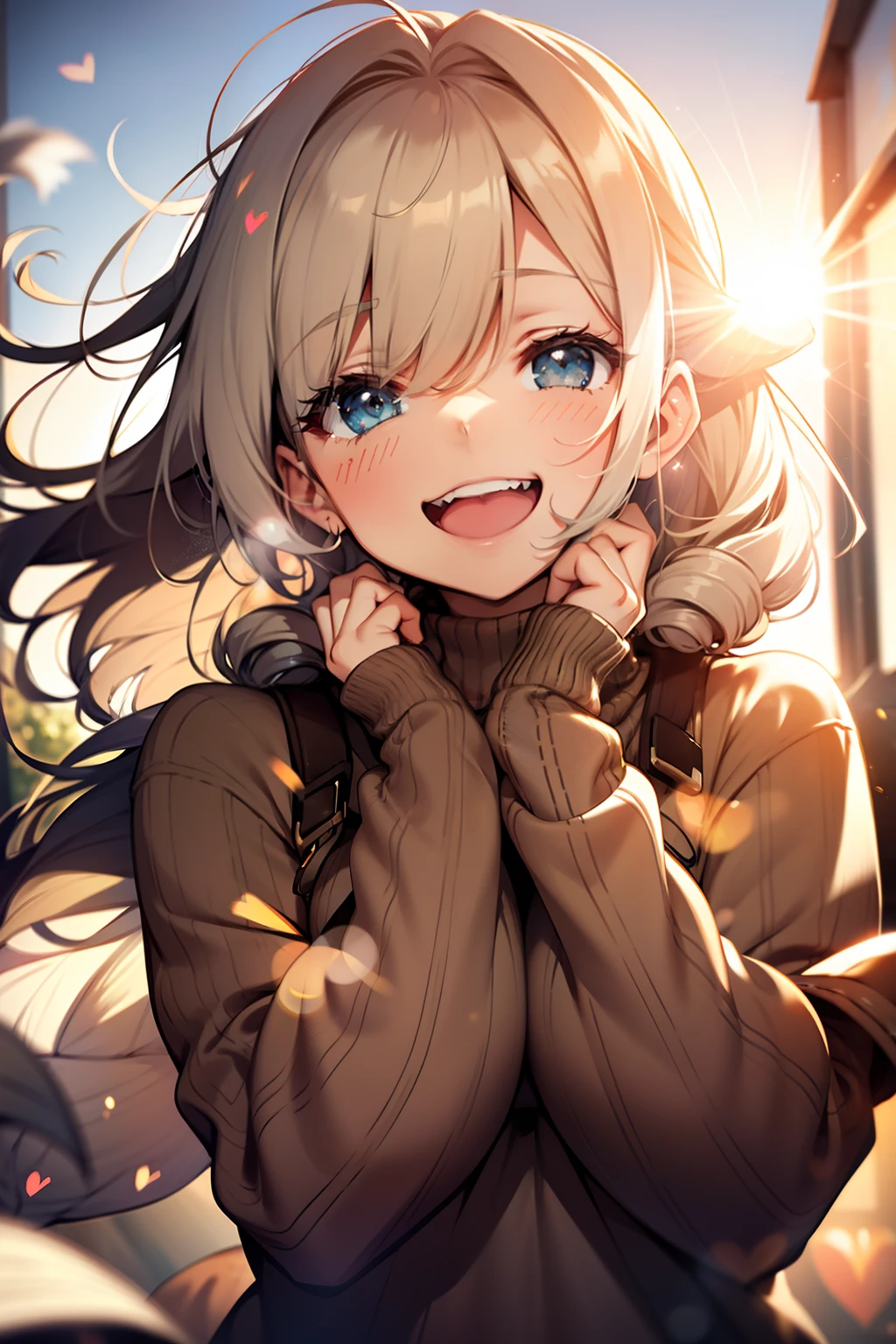 a girl, cosy sweater on, upper body, (huge Laughing:1.1), (open mouth:1.1), (wide open eyes:1.2), sun glare, bokeh, depth of field, blurry background, light particles, strong wind, (heart particles:1.1)