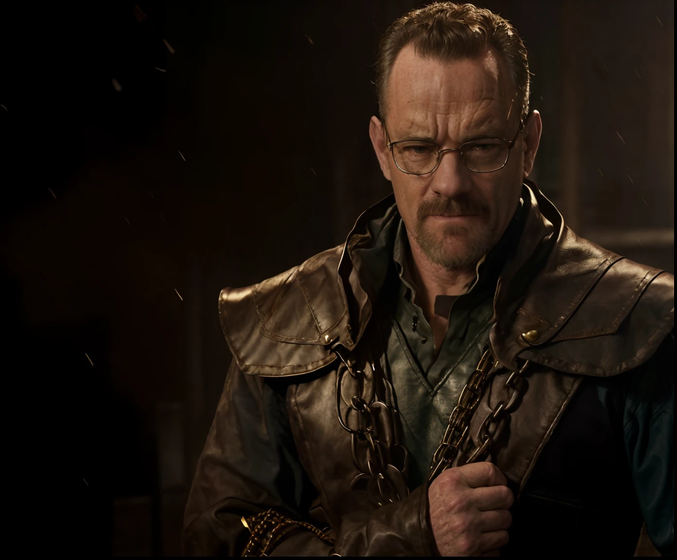 a man in a leather outfit holding a chain in a dark room, tom hanks as superman, still from loki ( 2 0 2 1 ), tom hanks with thick eyebrows, tom hanks, tom hanks smirk, bryan cranston as thor, fox, loki, portrait of tom hanks, from warcraft, netflix, marton csokas, still from a fantasy movie