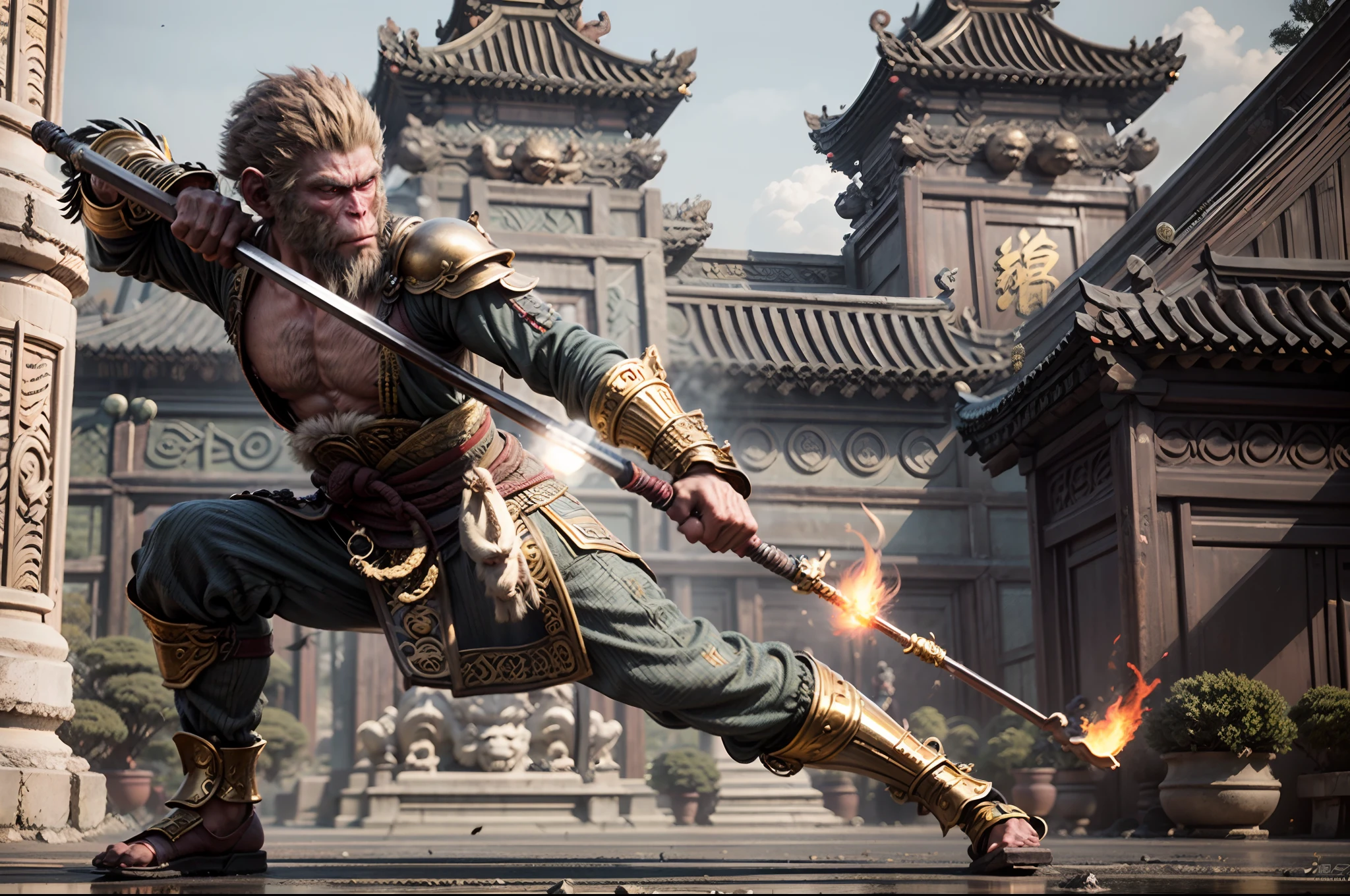 ((1man)),Anthropomorphic male monkey man with golden hoop stick in his hand, bo staff, Sun Wukong, Wukong, fighting Buddha, normal hands, flame clouds under his feet, fire eyes golden eyes bright and brave, very beautiful anthropomorphic monkey, fighting stance, Guan Yu, inspired by Huang Shen, inspired by Hu Zaobin, legendary monkey god holding a spear, golden chinese style armor, battlefield background, burning fire aura,