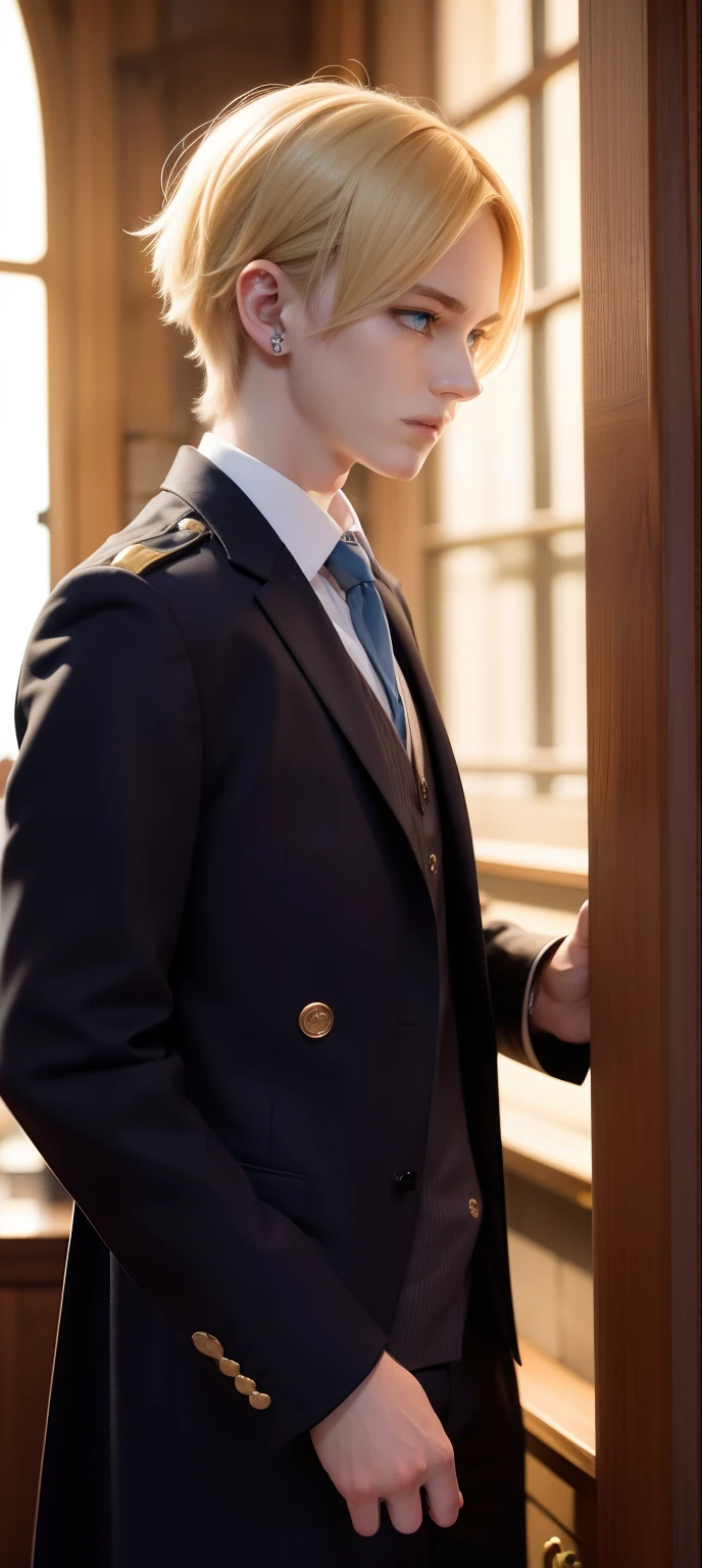 masterpiece, top-quality, 2Others, 1male people,, Adults, Height difference, different color, finely eye and detailed face, intricate detailes, Wizarding World Costumes, Inside the coffee shop, During the walk, Men and women side by side, A smile, Happiness, tenderness, youthfulness, high-level image quality、 beautiful man、tall、window、𝓡𝓸𝓶𝓪𝓷𝓽𝓲𝓬、British men, Idol Photos, k pop, Professional Photos, ((Vampire Man)), Fedoman with necklace, inspired by Sim Sa-jeong, androgynous vampire, :9 detailed face: 8, extra detailed face, detailed punk hair, ((Light blue eyes)) baggy eyes, Seductive. Highly detailed, semi realistic anime, Vampires, hyperrealistic , delicate androgynous prince, imvu, short hair above the ears, Man with short hair, With a man with a glaring expression, ((British man with short blonde hair and light blue eyes)),
