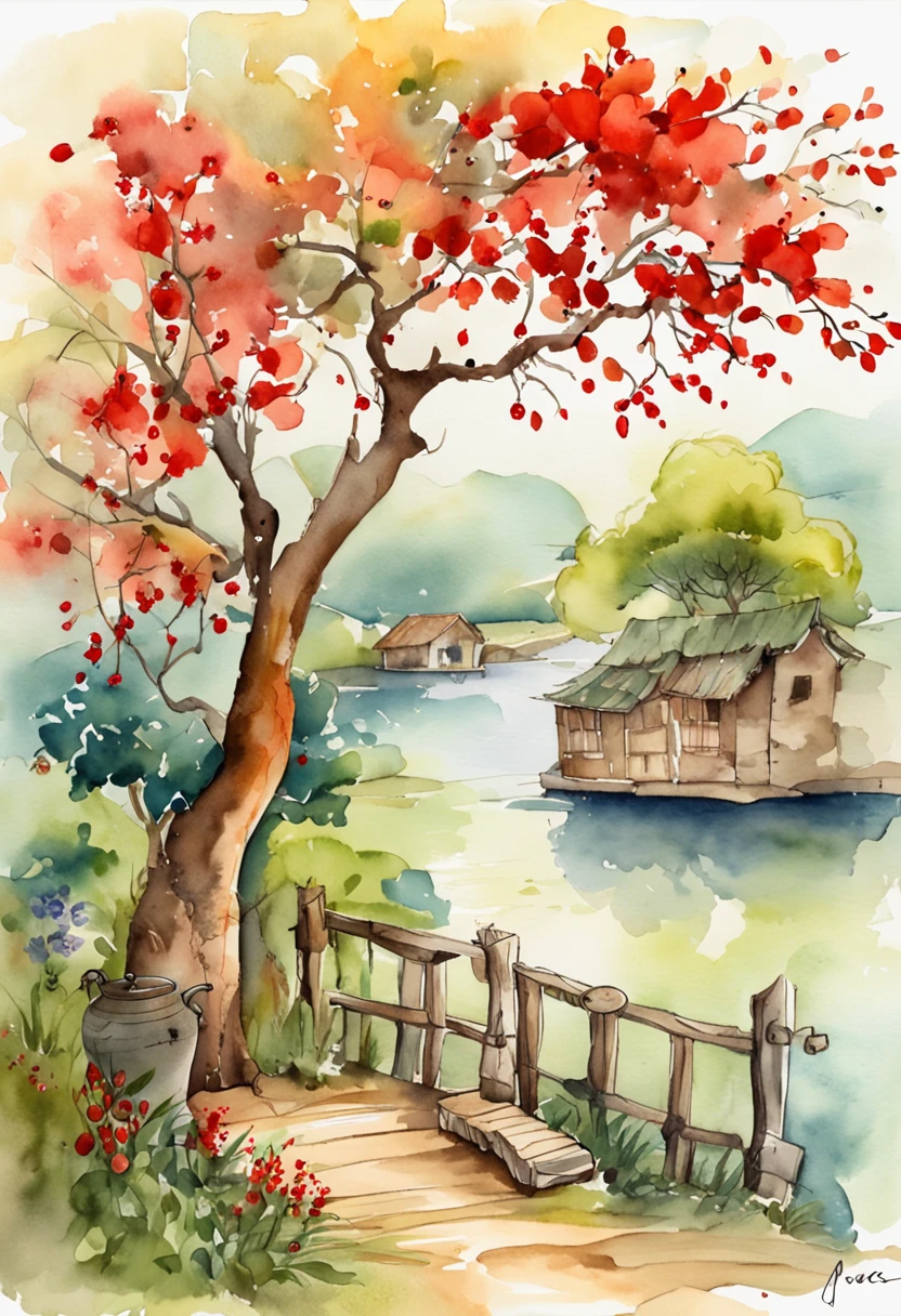 A wooden plank，There is a pomegranate tree on it，A teapot，China-style，Landscape freehand，