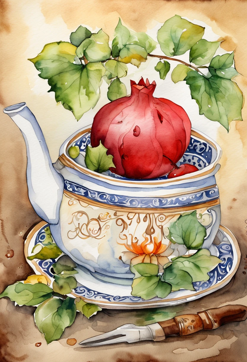 A wooden plank,There is a pomegranate tree on it,A teapot,China-style,Landscape freehand,