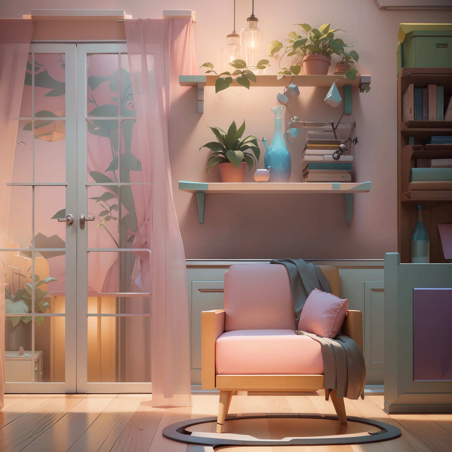 "(Isometric perspective:1.5),(pixar-style:1.2),There is a bed in the bedroom,sofe,table light,Study desk,janelas,Wall paintings,3 d modelling,pink back ground,Global illumination,Ray traching,hdr,rendering,unreal render,best qualtiy,8K,"