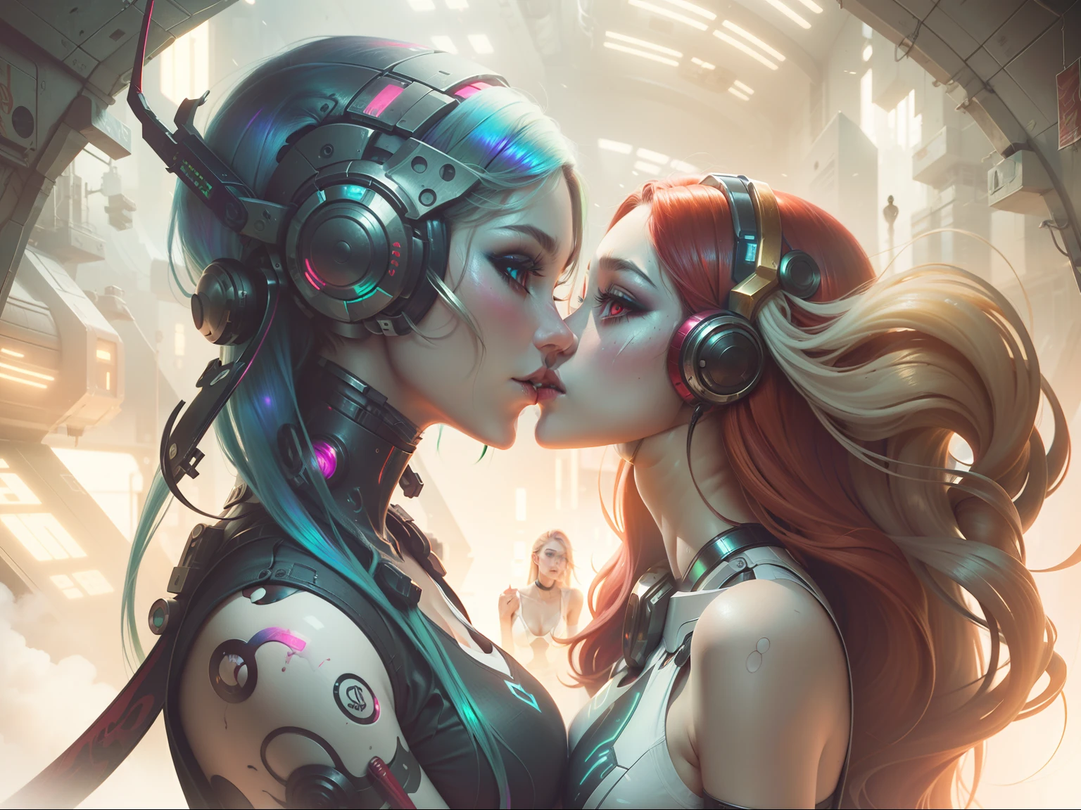 Masterpiece, Best Quality, Girls kissing , Slender, red Eyes, Hair Color, Iridescent, mech body, Long Hair Spreading, cyberpunk guns , White Skin, Medium, Cute, Sexy, Exposed Skin, Night, Psychedelic, Trip, Extreme Color, Paisley Theme, Legs, , Full Body