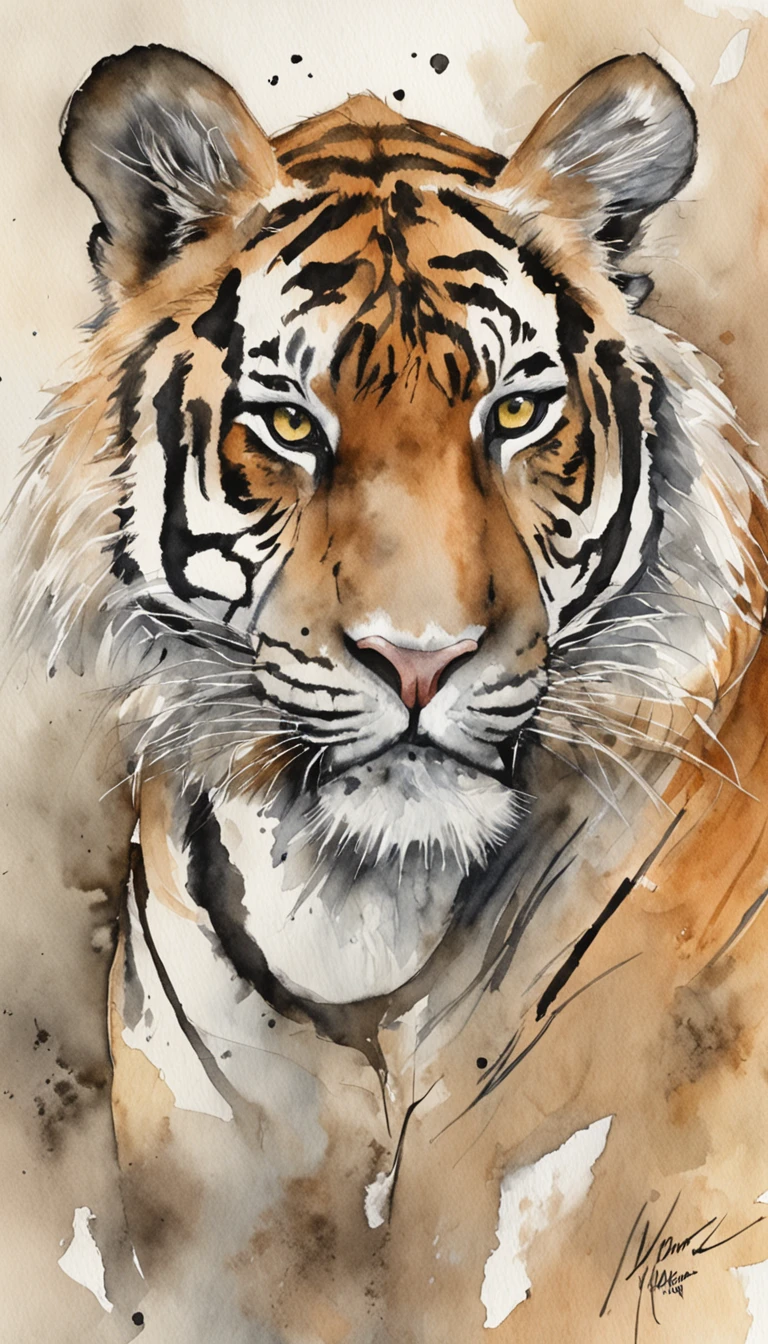 master part, retrato ultra detalhado da aquarela de um tigre, parte superior do corpo, Pinceladas, arte profissional impressionante, paleta de cores neutras