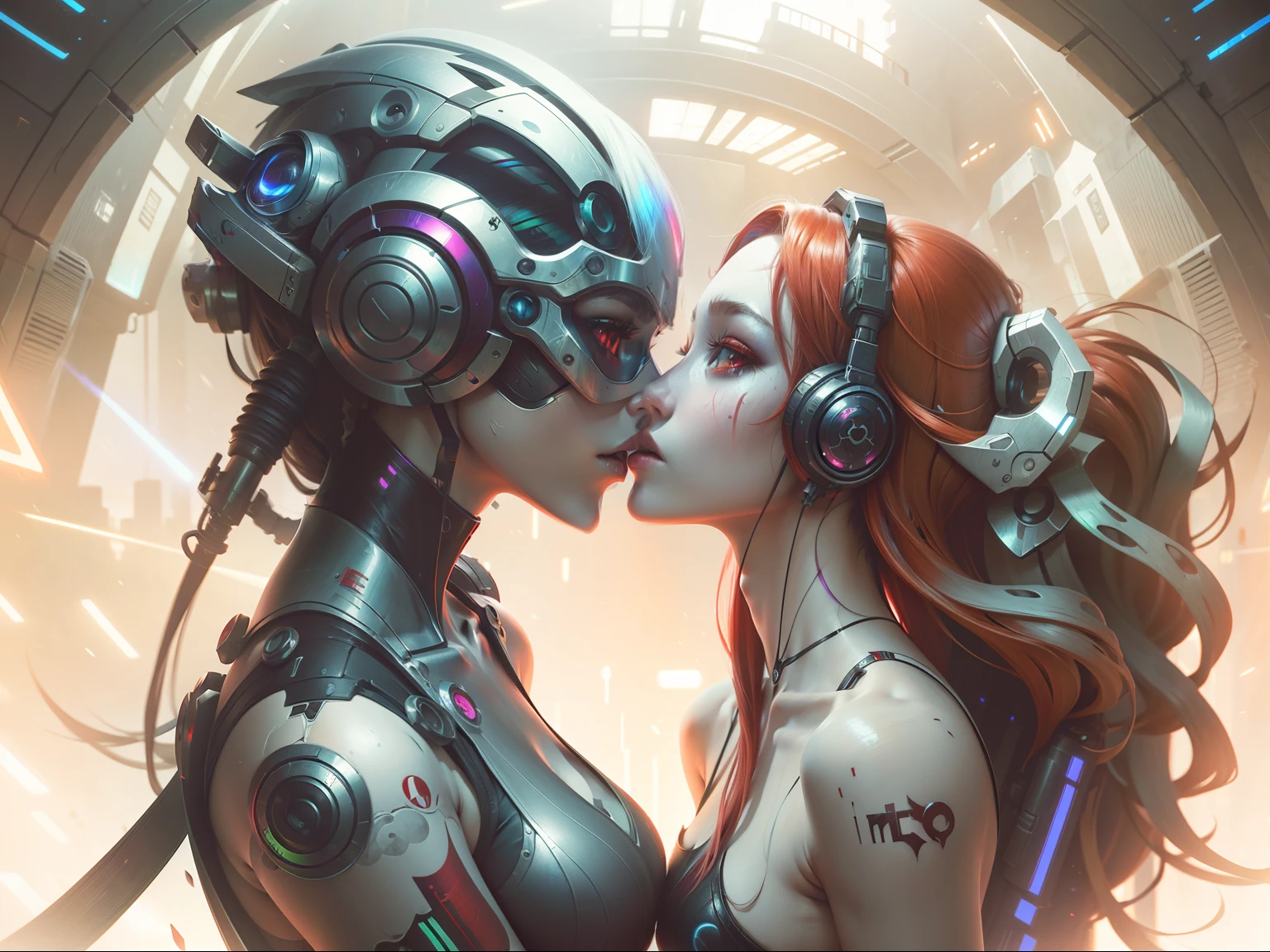 Masterpiece, Best Quality, Girls kissing , Slender, red Eyes, Hair Color, Iridescent, mech body, Long Hair Spreading, cyberpunk guns , White Skin, Medium, Cute, Sexy, Exposed Skin, Night, Psychedelic, Trip, Extreme Color, Paisley Theme, Legs, , Full Body