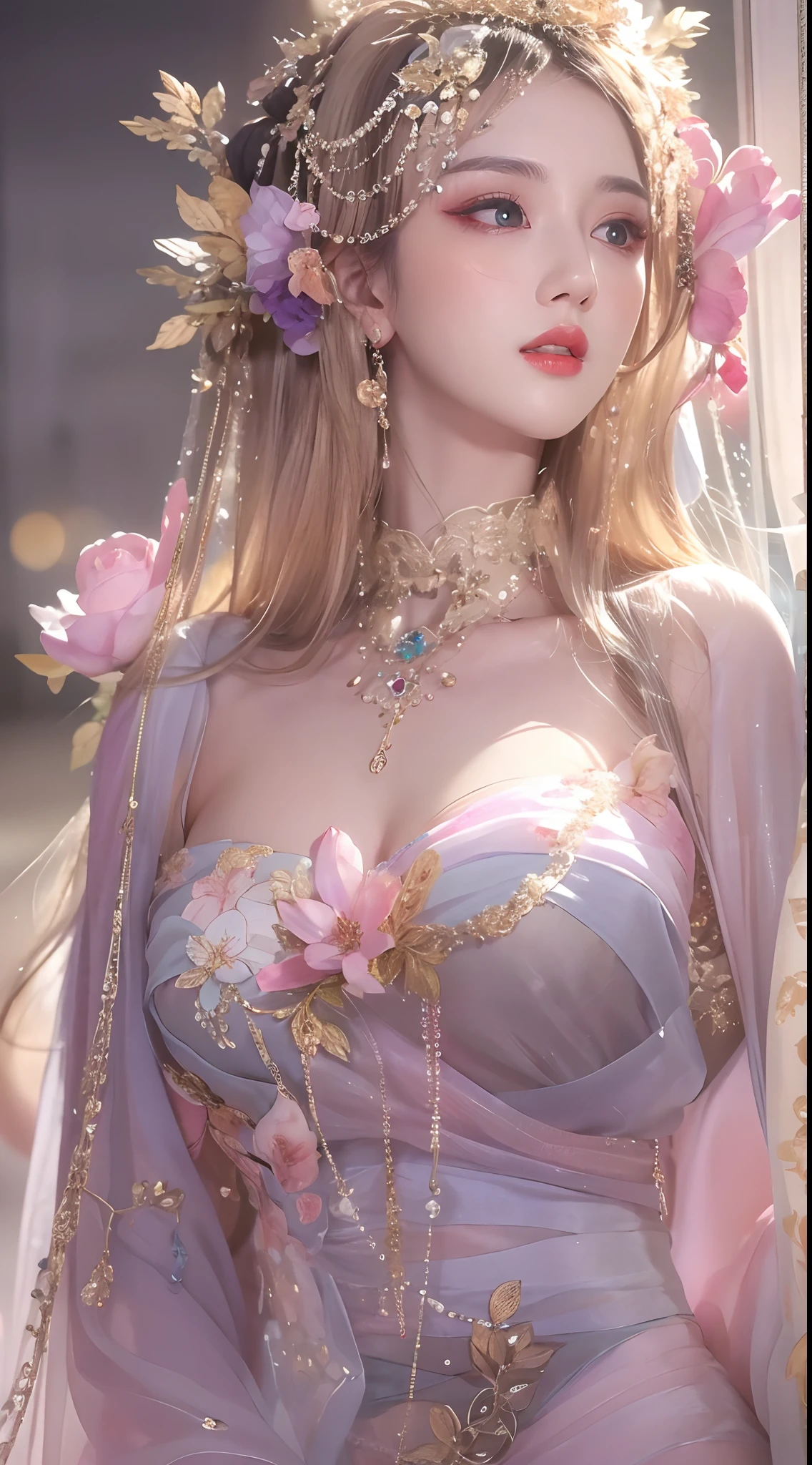 1 20 year old girl, 1 goddess Athena, pink purple silk dress, beautiful goddess Athena face without blemishes, delicate yellow nightgown, long thin sequin nightgown with many sexy black lace details, 1 beautiful thin red silk cloth half veil, female saint legend, female saint icon, beautiful goddess style glitter, dark and mysterious version, vermilion lips, plump red lips, not smiling, mouth closed, ((angry face:0.8)), delicate and beautiful pino detailing, delicate and beautiful lip detail, (pure and flawless face: 1.9), female saint body, round chest, big and round breasts, phoenix brooch, long flat bangs, long black hair, beautiful clear face and well-proportioned eyes, (transparent iridescent light purple eyes: 1.8), (big round eyes and makeup, sexy wet eye makeup, very beautiful and meticulous hair makeup, long and delicate blonde hair, delicate, body image: 1.8), figure: and vivid, (stars that make up the sky: 1.7), (the sky of heaven and the fictitious gate of time and space: 1.8), fictional art, RAW photos, hanfu photos, best photos, high resolution, best quality, best photos, best goddess quality, 8k female, super 8 single saint portraits, truest color schemes, masterpieces, best beauty brands, best hair jewelry, brand real photo, dark studio, border light, two-tone lighting, (rose white skin: 1.4), (high skin detail: 1.1), 8k uhd, d slr, soft light, 8k, high quality, candid, volume Smooth and sharp, 10x pixel increase, sexy goddess, sexy goddess, (background space: 1.8), (most beautiful aurora eyes: 1.7), beautiful eyes, aurora beautiful and flowery, (beautiful single girl: 1.8), (more details:0.8)