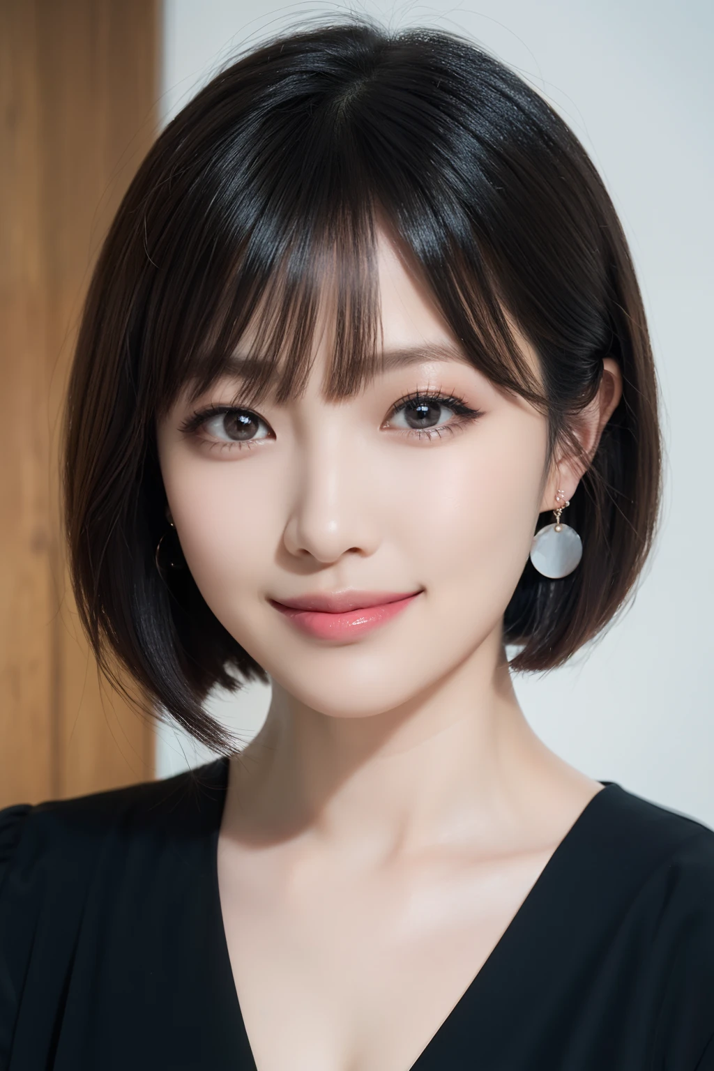 ((1 girl)), Black hair, longeyelashes, Solid Circle Eyes, lightsmile, Cute earrings, lightsmile, Shy, puckered lips, surrealism, drop shadow, stereograms, depth of fields, One-person viewpoint, 8K, Super Detail, Best Quality, hight resolution, short cut hair