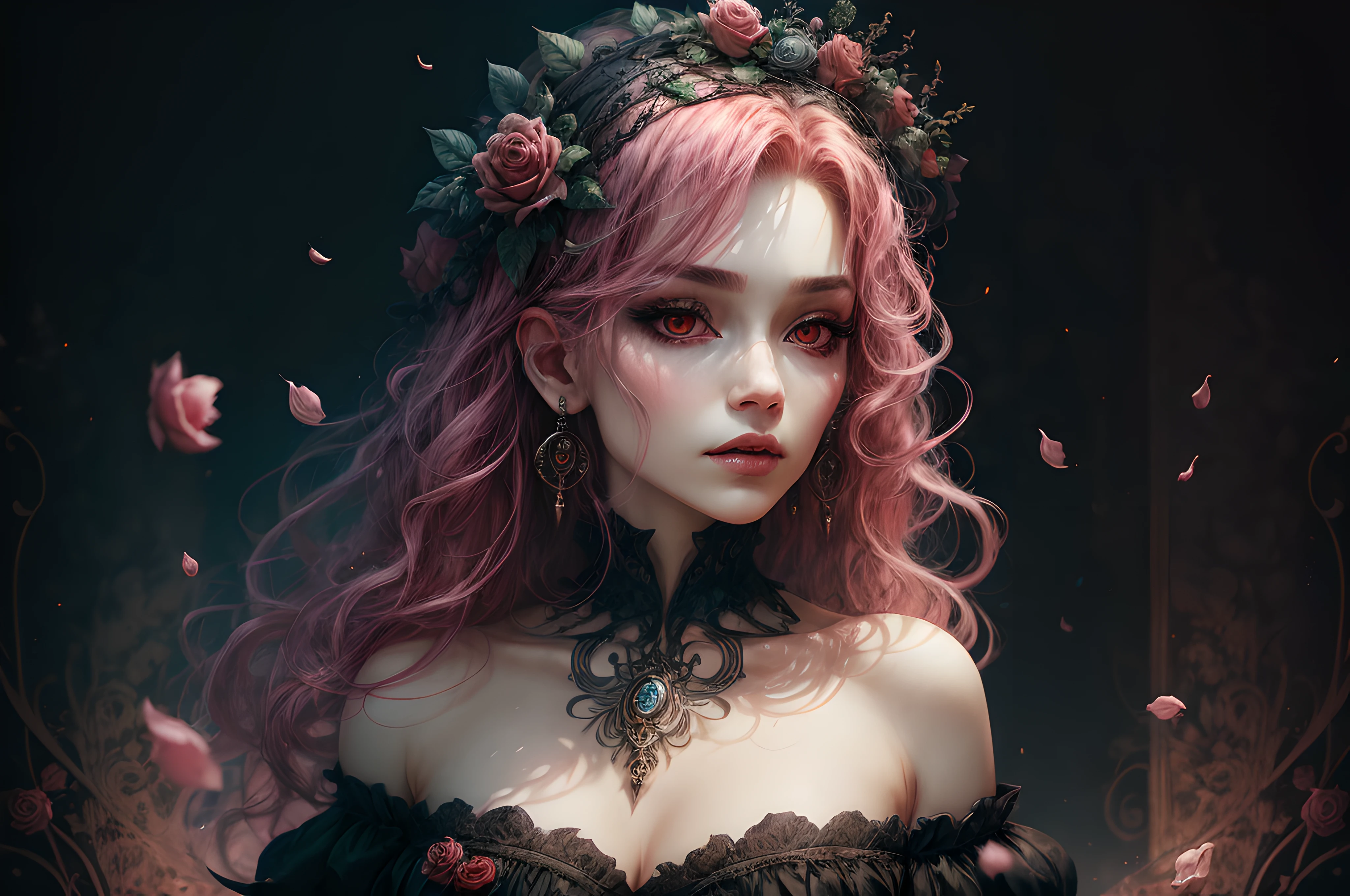 ((masterpiece)), Vampire princess, (absurdres, highres, ultra detailed),1girl, backlighting, bare shoulders, black background, black gothic dress, black and pink hair, blood, cowboy shot, dress, ornate ancient earrings, expressionless, roses, light particles, long hair, looking at viewer, off-shoulder gothic ancient boned design dress, rose petals, red eyes,