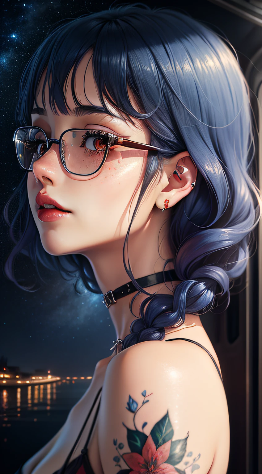High quality masterpiece ,scenecy,Anime train passing through bodies of water on tracks, Glittering starry sky。Romantic train,pixiv,concept-art,Lofi art style,Reflectors,beautiful anime scenes, Anime landscape girl close-up ( Short blue curly hair), ssmile,There are tattoos on the face, Fleshy lips,largeeyes,freckles on face ,red lipsticks, pearcing,choker necklace, 耳Nipple Ring, Glasses and cosmetics, Close angle of the face