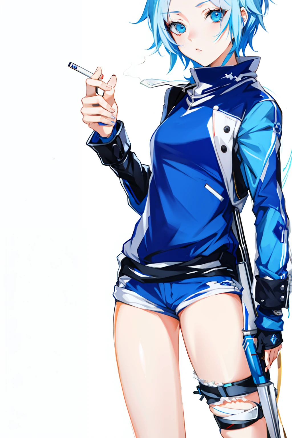 Blue and white hair one-legged anime girl holding a cigarette,Left hand on crutches Female action anime girl, anime full body illustration, cyberpunk anime girl in hoodie, Guweiz in Pixiv ArtStation, an edgy assassin, yoko taro, zerochan art, anime woman fullbody art, anime fencer, author:Ei-Q, Guweiz on ArtStation Pixiv