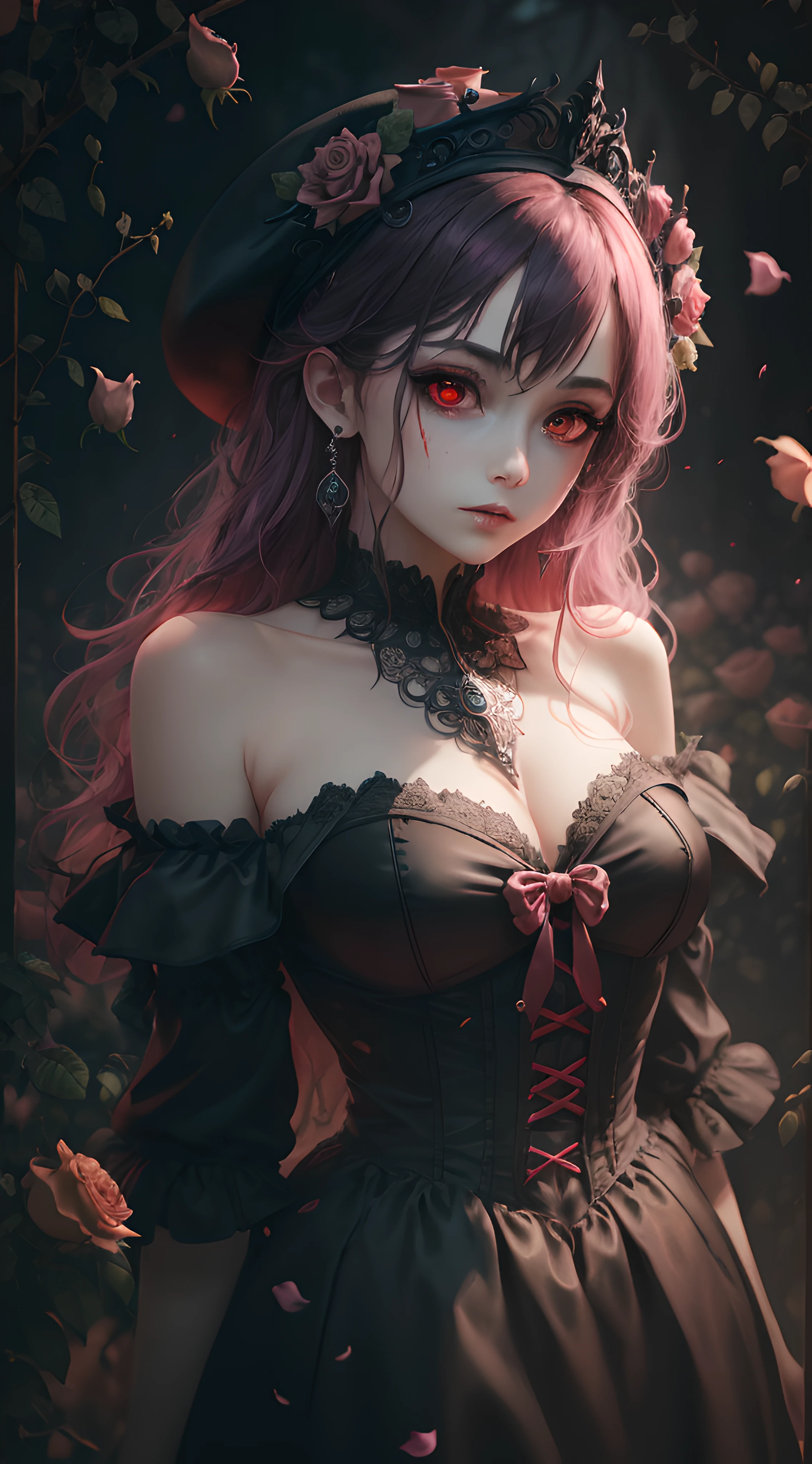 ((masterpiece)), Vampire princess, (absurdres, highres, ultra detailed),1girl, backlighting, bare shoulders, black background, black gothic dress, black and pink hair, blood, cowboy shot, dress, ornate ancient earrings, expressionless, roses, light particles, long hair, looking at viewer, off-shoulder gothic ancient boned design dress, rose petals, red eyes,