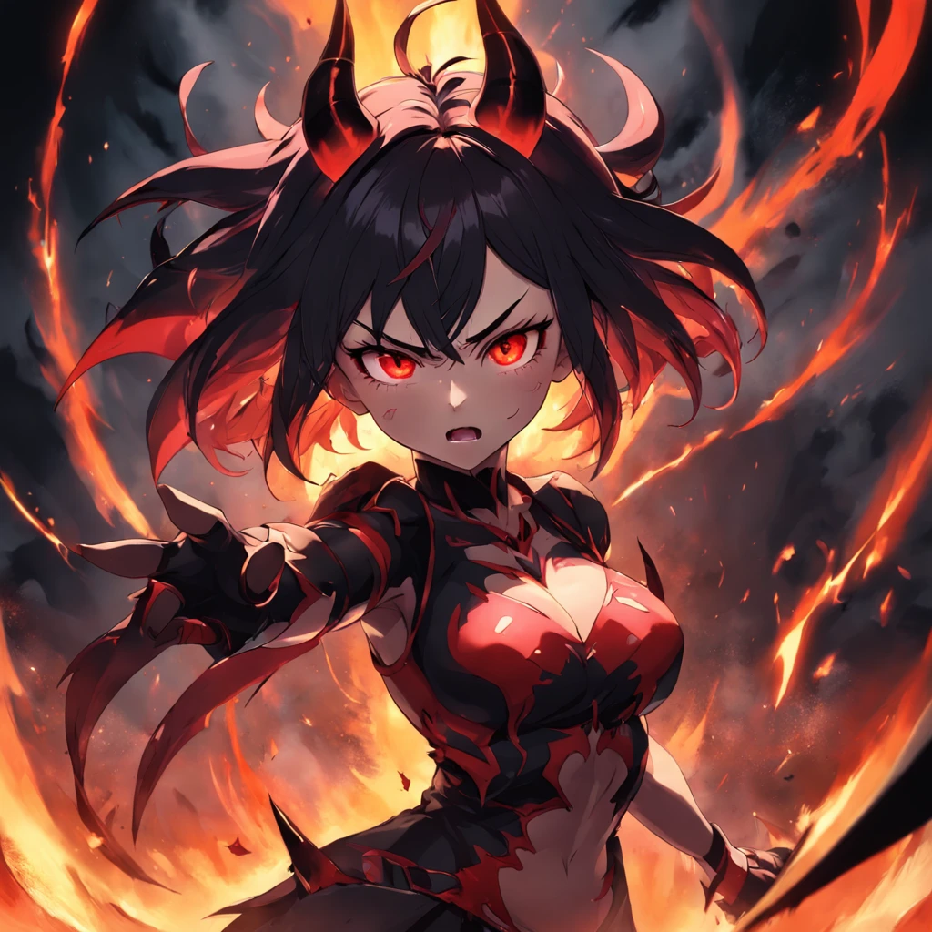 demon girl, short horns, fiery red eyes, fierce expression, dynamic action pose (dark fantasy:1.5) ANIME STYLE