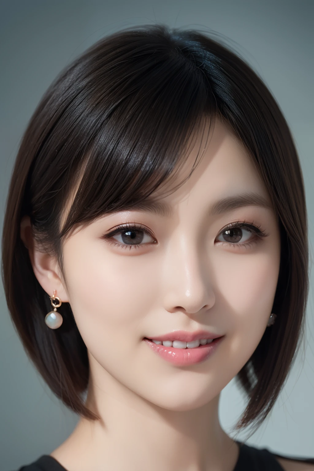 ((1 girl)), Black hair, longeyelashes, Solid Circle Eyes, lightsmile, Cute earrings, lightsmile, Shy, puckered lips, surrealism, drop shadow, stereograms, depth of fields, One-person viewpoint, 8K, Super Detail, Best Quality, hight resolution, short cut hair