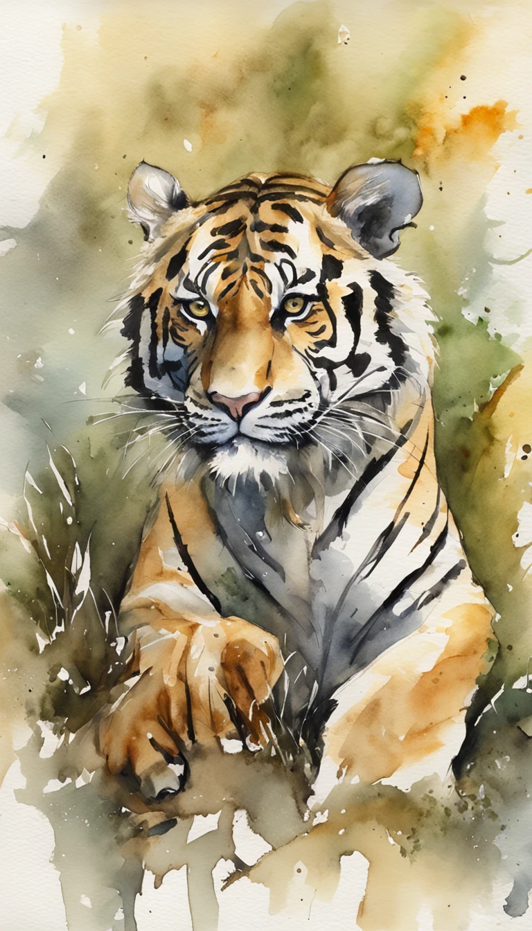 master part, retrato ultra detalhado da aquarela de um tigre, parte superior do corpo, Pinceladas, arte profissional impressionante, paleta de cores neutras