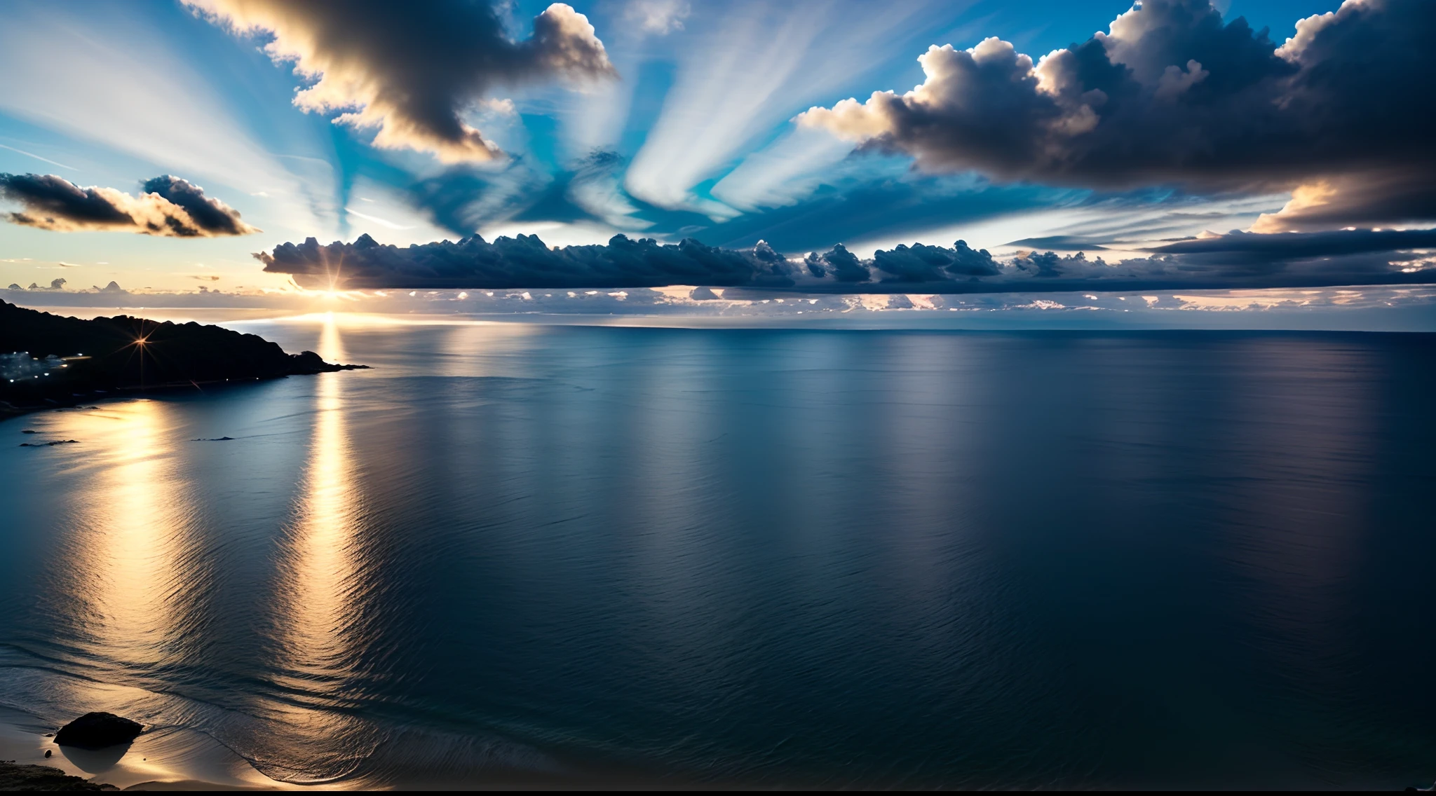 Raw photo, 8K UHD, High detailed skin, (Film grain:1.3), 8K UHD, Digital SLR, Soft lighting, High quality, nffsw, FUJI XT3,((Evening glow、Real Light、top-quality、8K、masterpiece:1.3))、shores,The sun reflects off the ocean,Sunset gradient,Dark blue in the sky、Bright blue of the sea