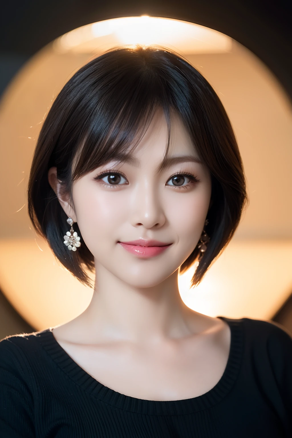 ((1 girl)), Black hair, longeyelashes, Solid Circle Eyes, lightsmile, Cute earrings, lightsmile, Shy, puckered lips, surrealism, drop shadow, stereograms, depth of fields, One-person viewpoint, 8K, Super Detail, Best Quality, hight resolution, short cut hair
