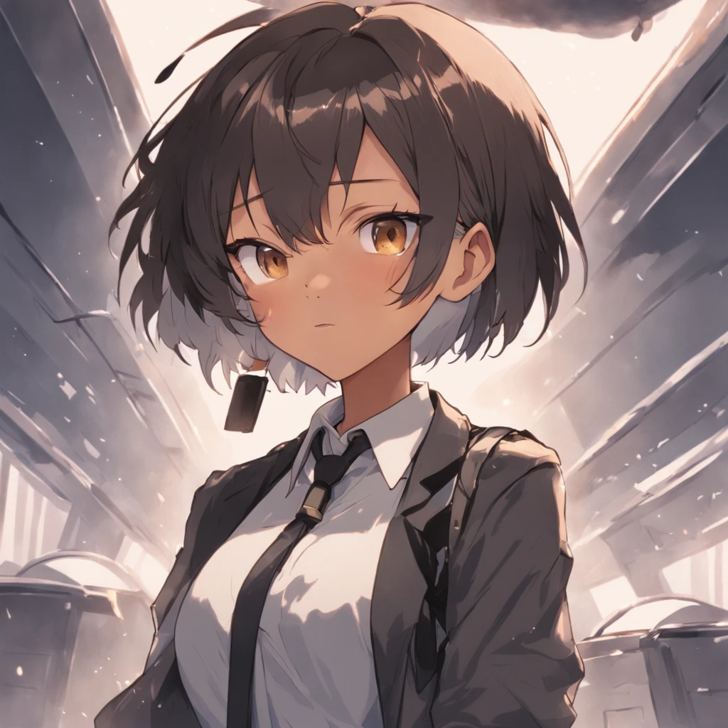 1girl, short black bob hair, yellow eyes, Round glasses, tan skin,dark skin ,BROWN SKIN, SHE HAS LIGHT BROWN SKIN, petite body, wearing plain white formal work shirt, wearing long black pants, business tie, absurdres, high res, ultrasharp, 8k, masterpiece, looking at viewer, cat ears, airline pilot uniform, airline pilot hat, white background, short sleeve, bangs, flat chest, whiskers, androgynous, she has cat ears on her head, she has cat teeth, cloudy background, holding pet black cat, smiling, large round glasses, no airplanes, airplane cabin background, wearing a choker on neck