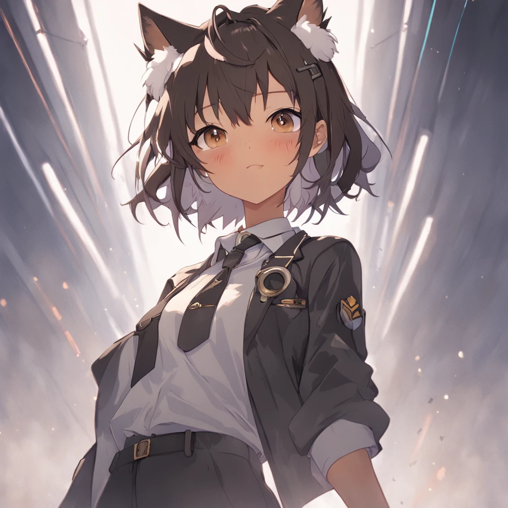1girl, short black bob hair, yellow eyes, Round glasses, tan skin,dark skin ,BROWN SKIN, SHE HAS LIGHT BROWN SKIN, petite body, wearing plain white formal work shirt, wearing long black pants, business tie, absurdres, high res, ultrasharp, 8k, masterpiece, looking at viewer, cat ears, airline pilot uniform, airline pilot hat, white background, short sleeve, bangs, flat chest, whiskers, androgynous, she has cat ears on her head, she has cat teeth, cloudy background, holding pet black cat, smiling, large round glasses, no airplanes, airplane cabin background, wearing a choker on neck