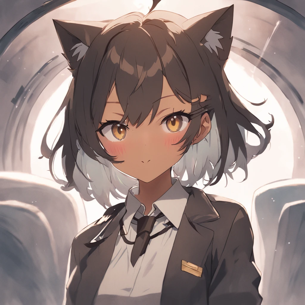 1girl, short black bob hair, yellow eyes, Round glasses, tan skin,dark skin ,BROWN SKIN, SHE HAS LIGHT BROWN SKIN, petite body, wearing plain white formal work shirt, wearing long black pants, business tie, absurdres, high res, ultrasharp, 8k, masterpiece, looking at viewer, cat ears, airline pilot uniform, airline pilot hat, white background, short sleeve, bangs, flat chest, whiskers, androgynous, she has cat ears on her head, she has cat teeth, cloudy background, holding pet black cat, smiling, large round glasses, no airplanes, airplane cabin background, wearing a choker on neck