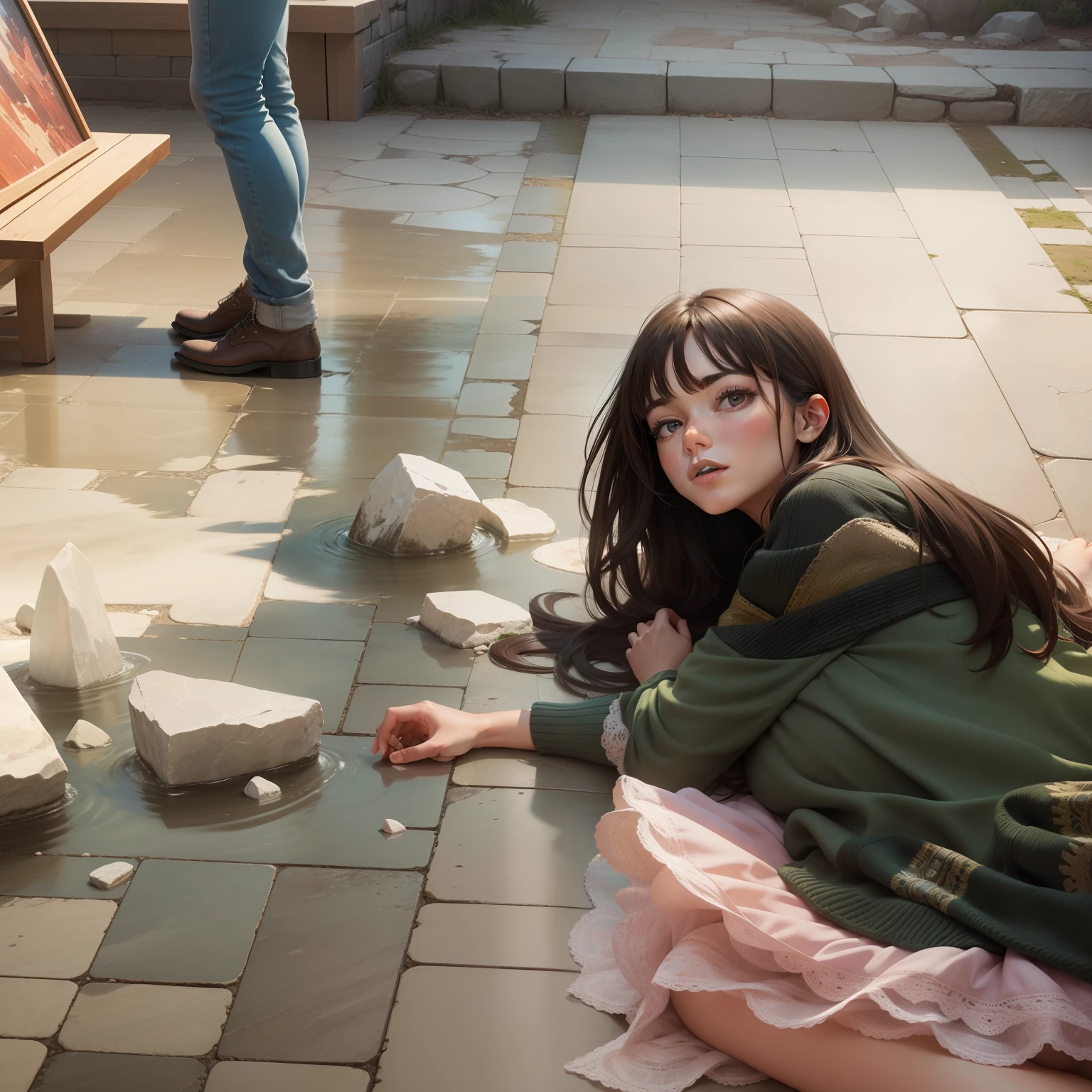 Loose stone floor,There is free space in the center of the image,The sky is clear,has cleavage