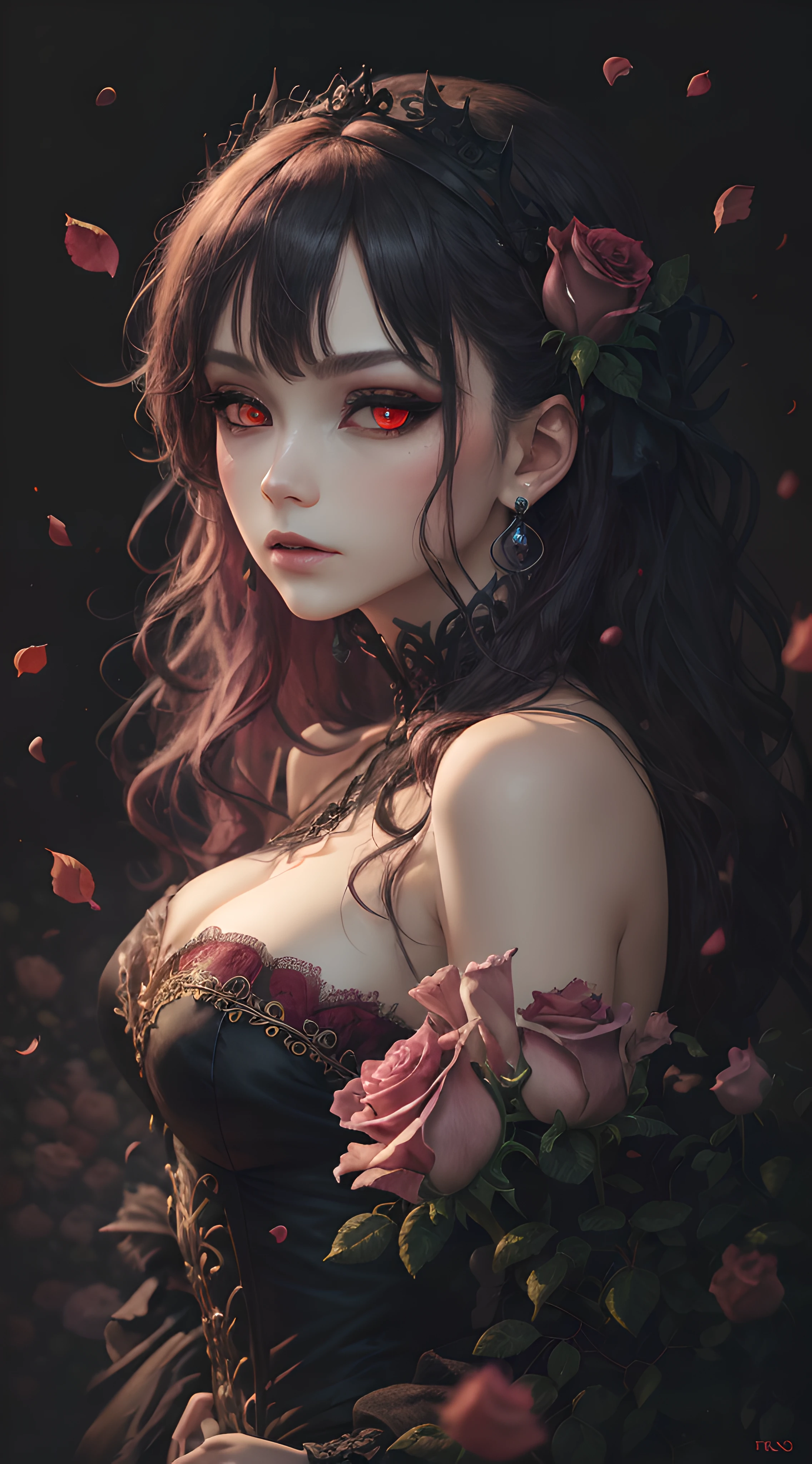 ((masterpiece)), Vampire princess, (absurdres, highres, ultra detailed),1girl, backlighting, bare shoulders, black background, black gothic dress, black and pink hair, blood, cowboy shot, dress, ornate ancient earrings, expressionless, roses, light particles, long hair, looking at viewer, off-shoulder gothic ancient boned design dress, rose petals, red eyes,