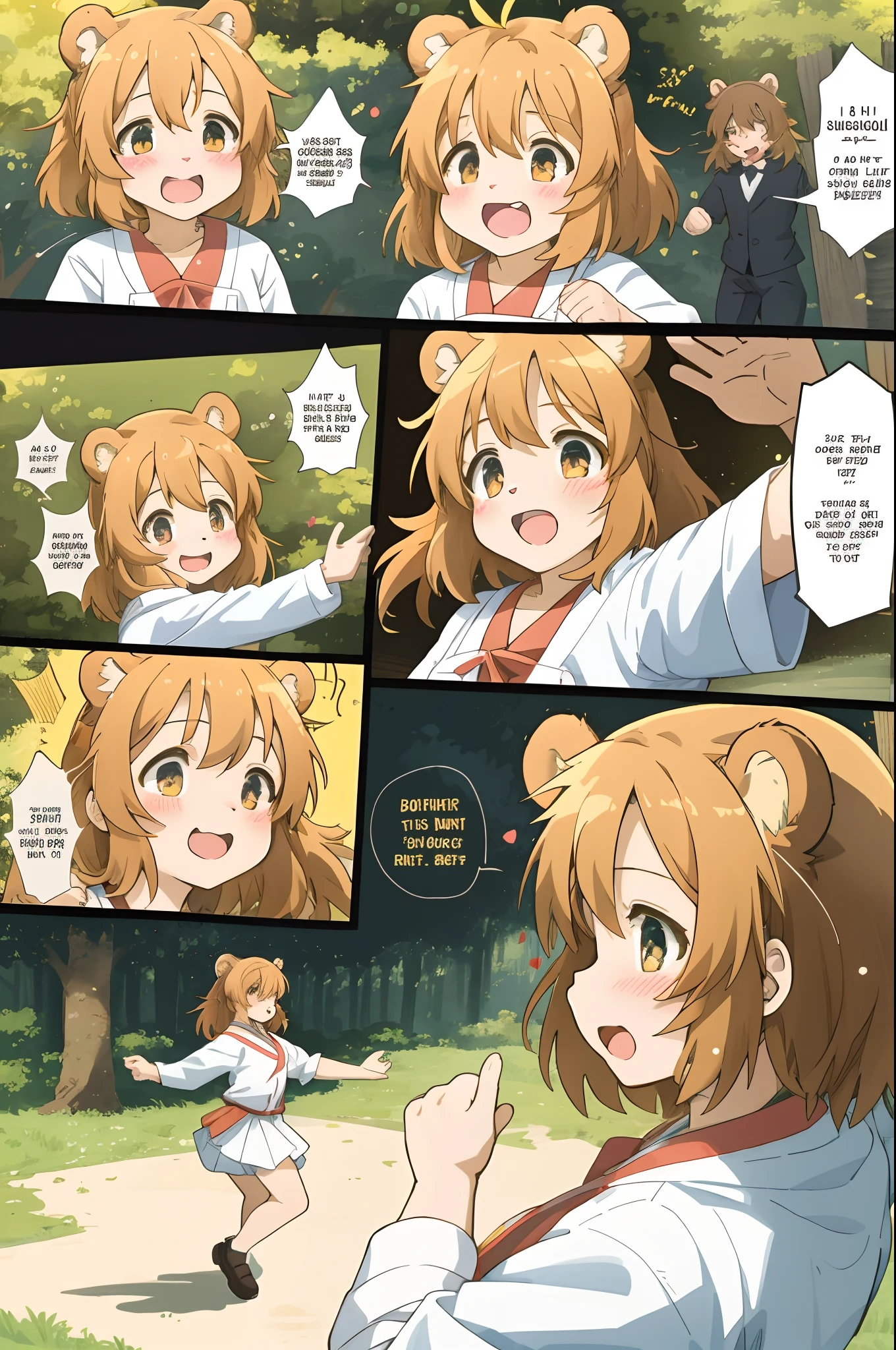 top quality, best quality, highres, masterpiece, super high resolution, detailed background, forest(super cute 1girl, bear, pair)singing, dancing, waltz, absurdres(highly detailed beautiful face and eyes)perfect anatomy, good lighting, cinematic shadow(kemono, furry anthro)assorted expressions, assorted poses, assorted angles, full body, upper shot, dynamic angle(girls comic-like panel layouts, speech balloon, English text, Hand-drawn sound effects stickers used in girls comic)sosaku hanga, manga page, doujin, ddlc, anime, manga panel, zerochan,