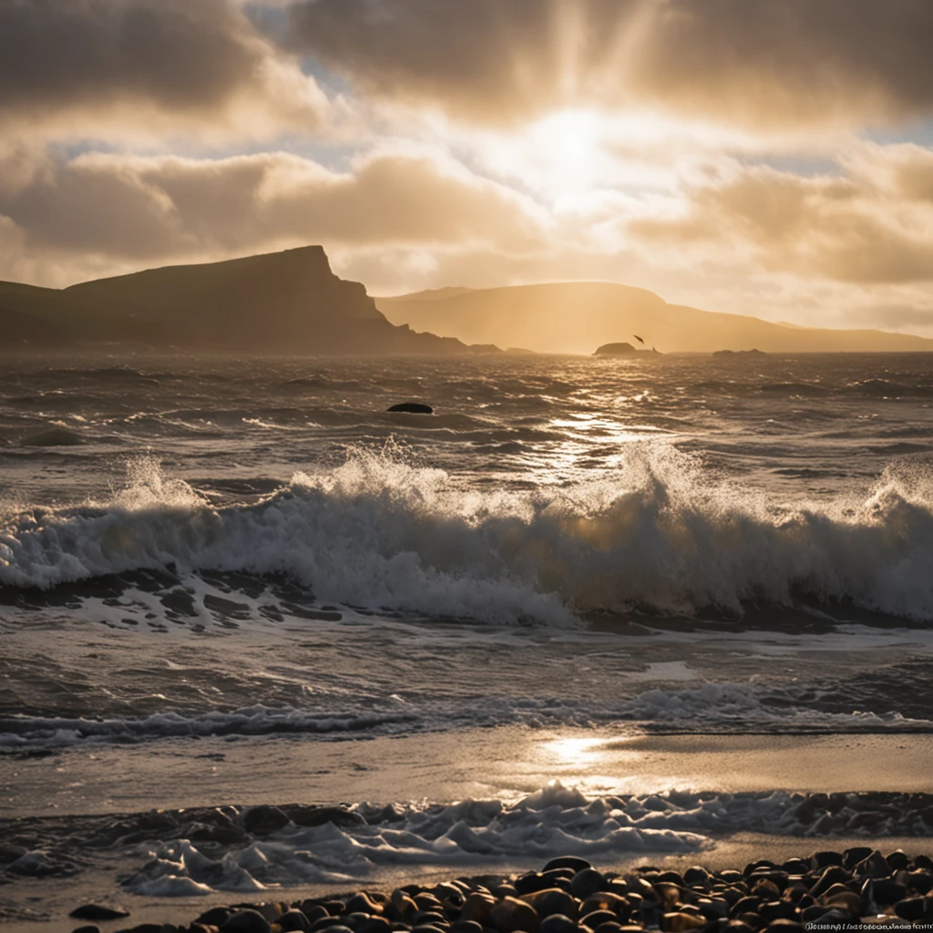 A breathtaking photographic moment of an Irish ocean sunrise, with the sun's first rays breaking through the horizon. Captured using a prime lens (Nikon AF-S NIKKOR 50mm f/1.4G), the image showcases the vivid colors and stunning details of the natural beauty of Ireland's coastline.