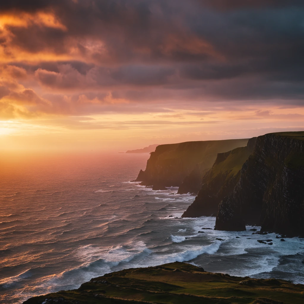 A breathtaking photographic moment of an Irish ocean sunrise, with the sun's first rays breaking through the horizon. Captured using a prime lens (Nikon AF-S NIKKOR 50mm f/1.4G), the image showcases the vivid colors and stunning details of the natural beauty of Ireland's coastline.