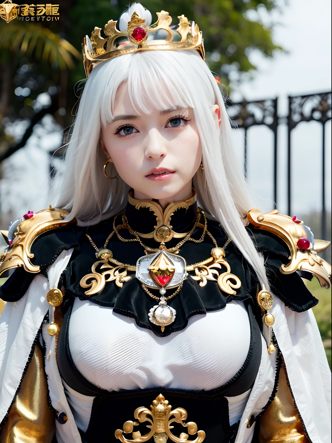 (masutepiece), Professional , masterpiece、top-quality、photos realistic , depth of fields (Gemstone Silver Metal Body:1.9),(Matte White、Jewel Gold Weapon(Jewel Metal Body:1.4),Gorgeous metal weapons , Detailed Sword of the Brave , Beautiful knife ,warhammer 40k , adepta sororitas,Detail and ornate jewel crown、Black hair、Gangle's forest background、Beautiful Caucasian beauty、1a person、dynamic ungle,(((Detailed and ornate diamond crown)))、Smaller head、A smile、Take a sexy pose、Background inside the castle、Thin and beautiful female hands、cleavage of the breast、Soldier in iron armor on background、Soldier in iron armor on background、