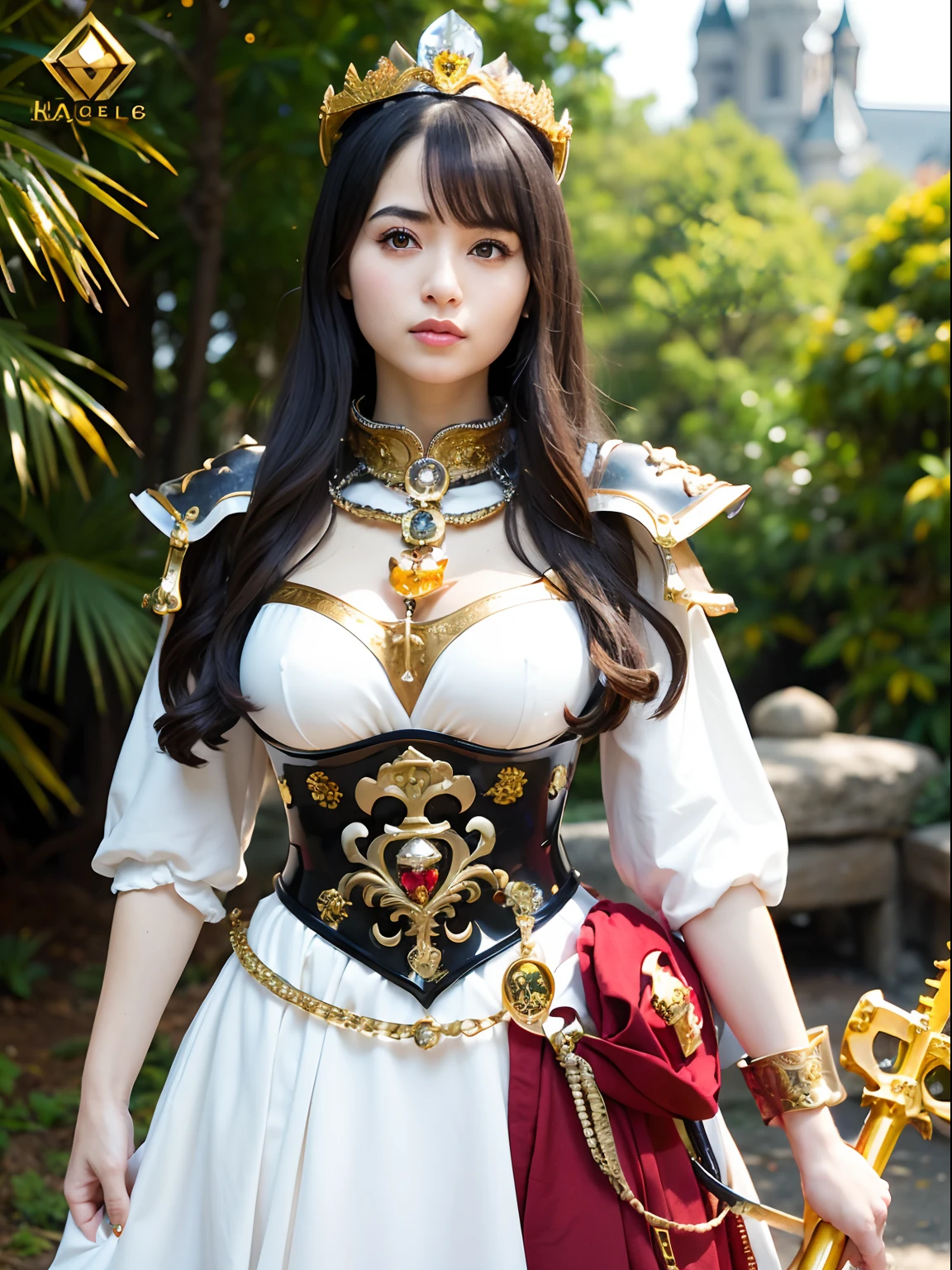 (masutepiece), Professional , masterpiece、top-quality、photos realistic , depth of fields (Gemstone Silver Metal Body:1.9),(Matte White、Jewel Gold Weapon(Jewel Metal Body:1.4),Gorgeous metal weapons , Detailed Sword of the Brave , Beautiful knife ,warhammer 40k , adepta sororitas,Detail and ornate jewel crown、Black hair、Gangle's forest background、Beautiful Caucasian beauty、1a person、dynamic ungle,(((Detailed and ornate diamond crown)))、Smaller head、A smile、Background inside the castle、Thin and beautiful female hands、cleavage of the breast、Soldier in iron armor on background、Soldier in iron armor on background、Mystical expression、